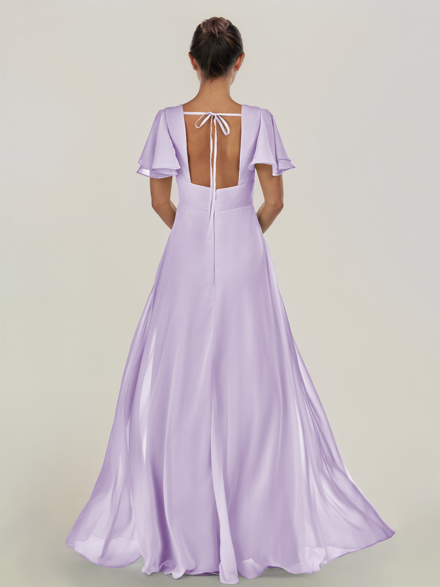 KissDress-Nira Lavender A Line Chiffon Cap Sleeves V Neck Long Bridesmaid Dress with Slit