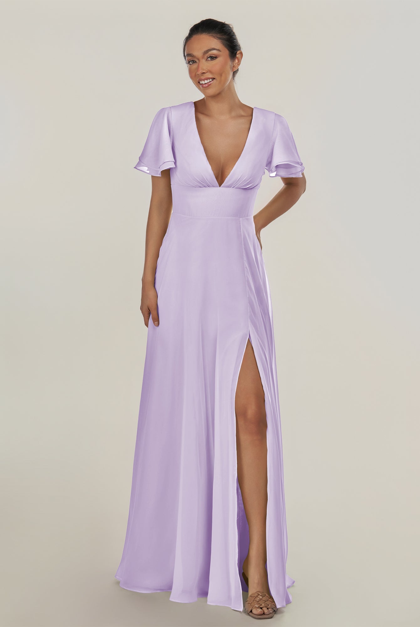 KissDress-Nira Lavender A Line Chiffon Cap Sleeves V Neck Long Bridesmaid Dress with Slit