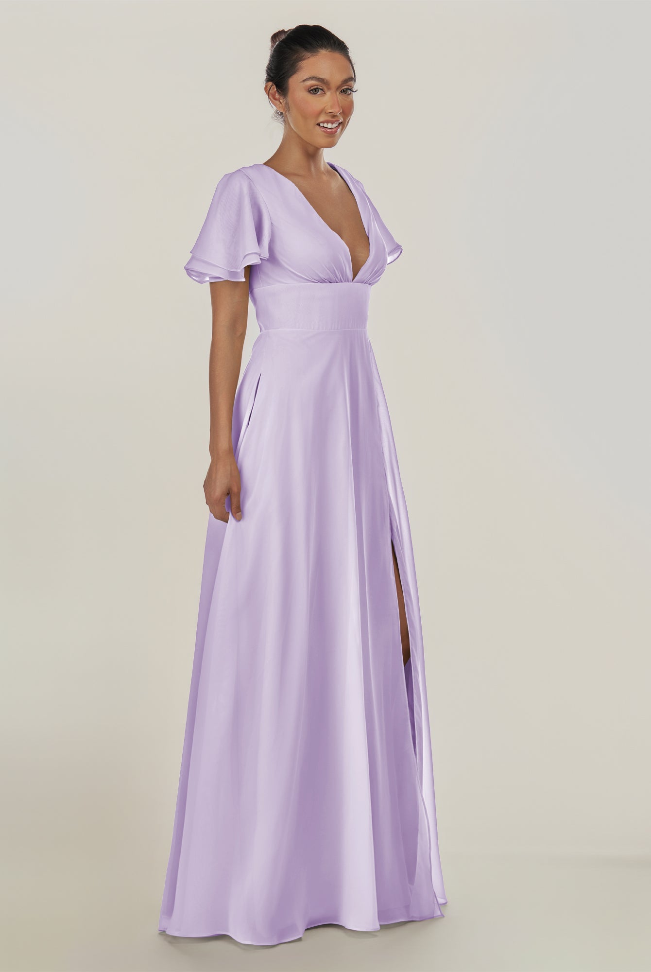 KissDress-Nira Lavender A Line Chiffon Cap Sleeves V Neck Long Bridesmaid Dress with Slit