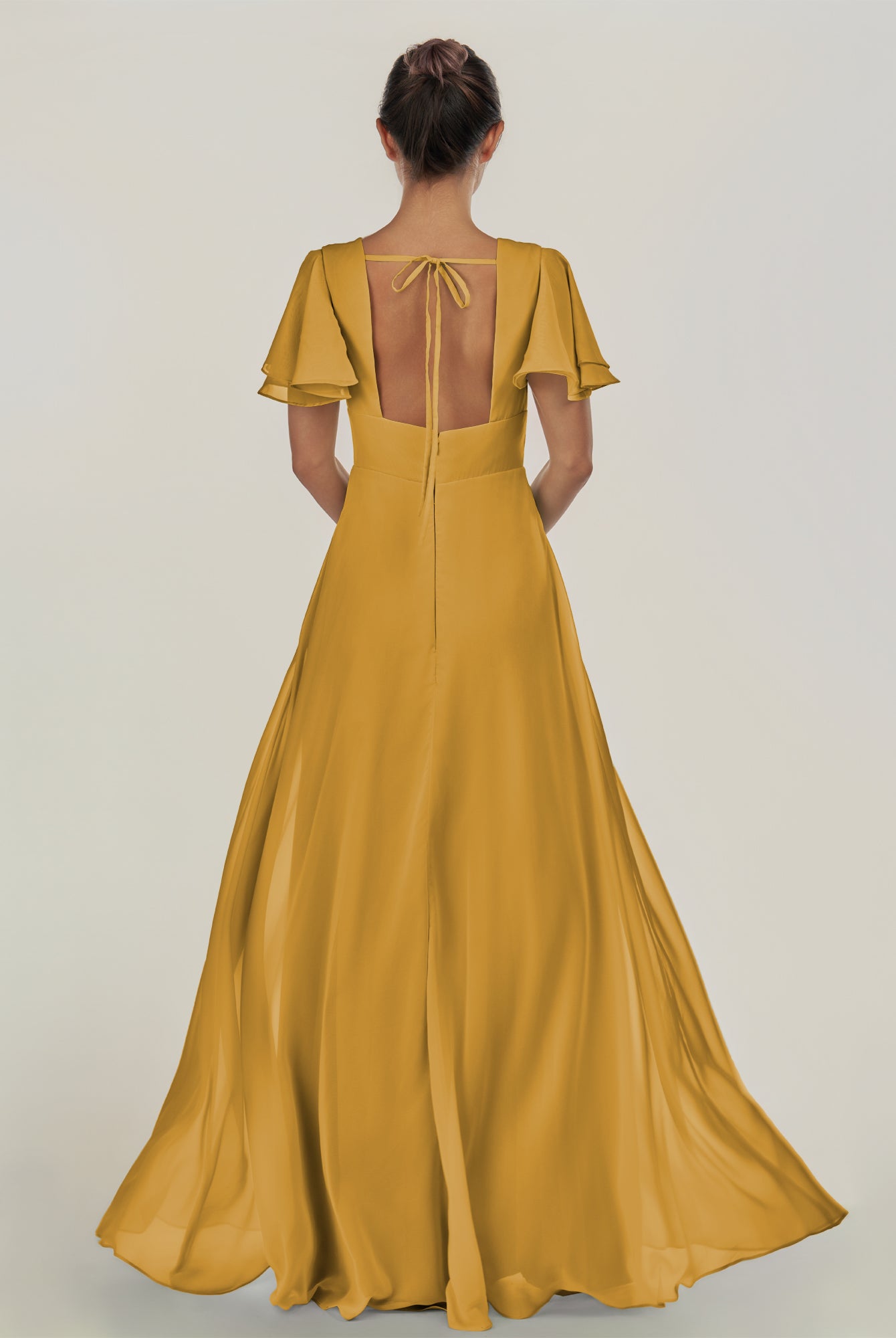 KissDress-Nira Marigold A Line Chiffon Cap Sleeves V Neck Long Bridesmaid Dress with Slit