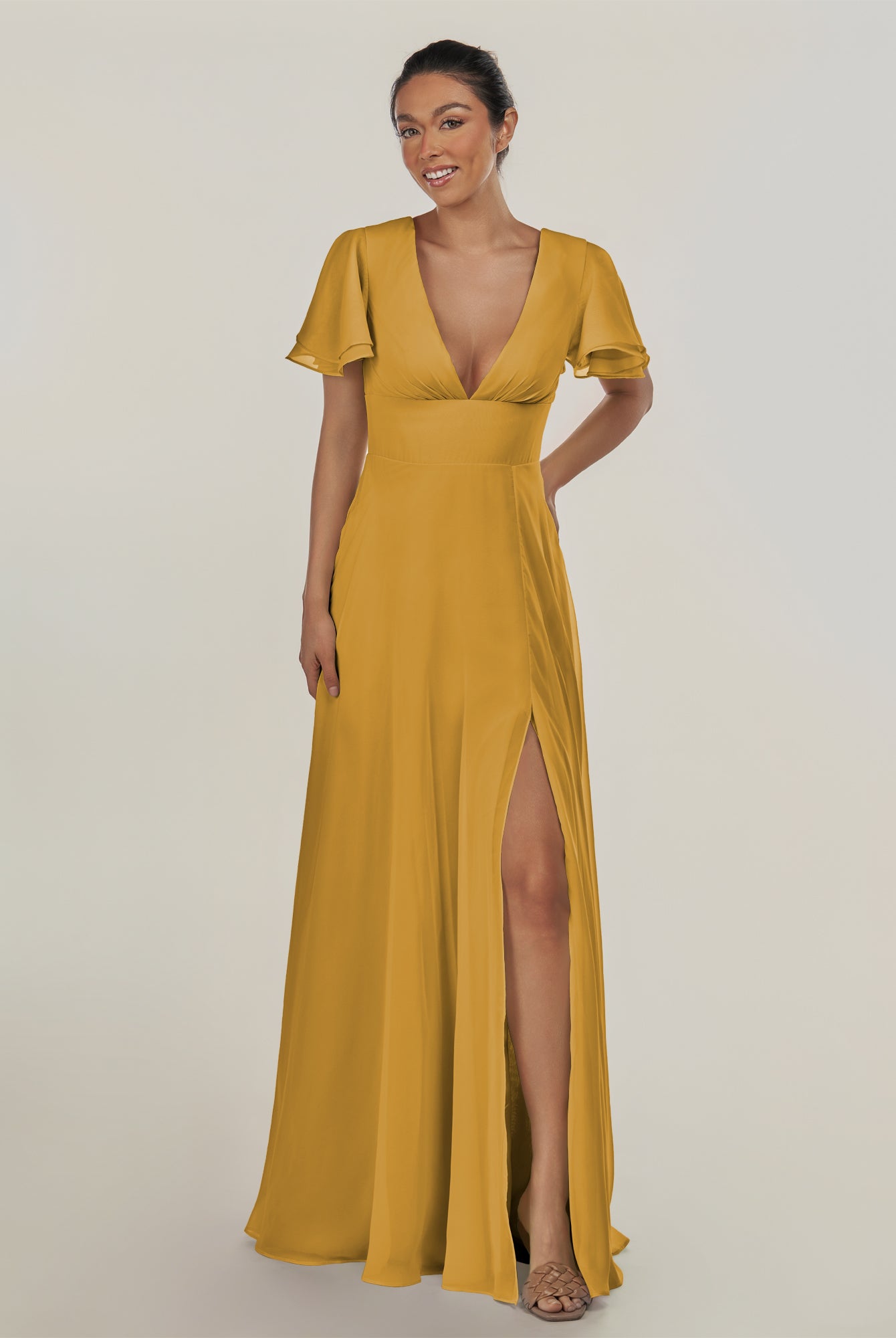 KissDress-Nira Marigold A Line Chiffon Cap Sleeves V Neck Long Bridesmaid Dress with Slit