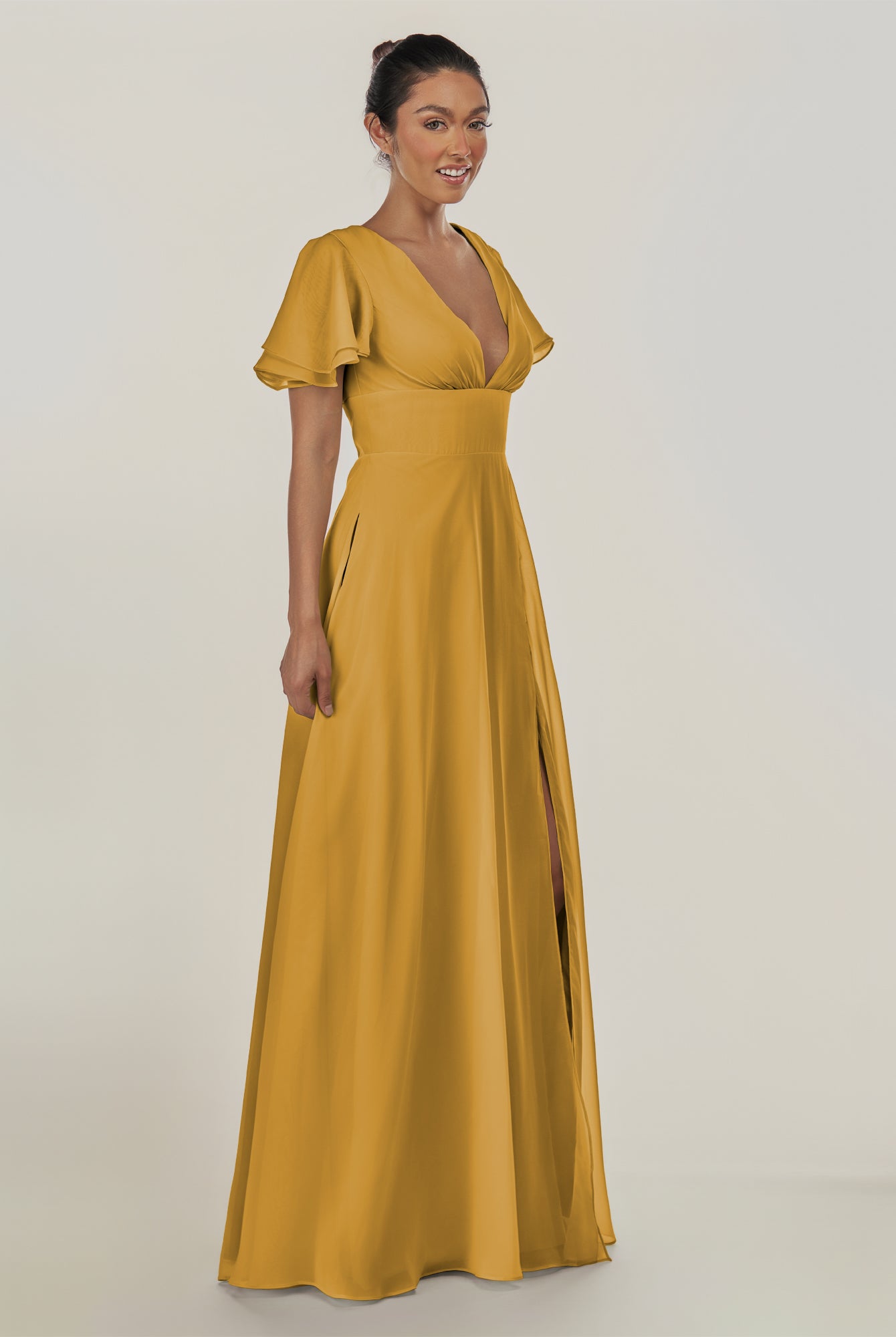 KissDress-Nira Marigold A Line Chiffon Cap Sleeves V Neck Long Bridesmaid Dress with Slit