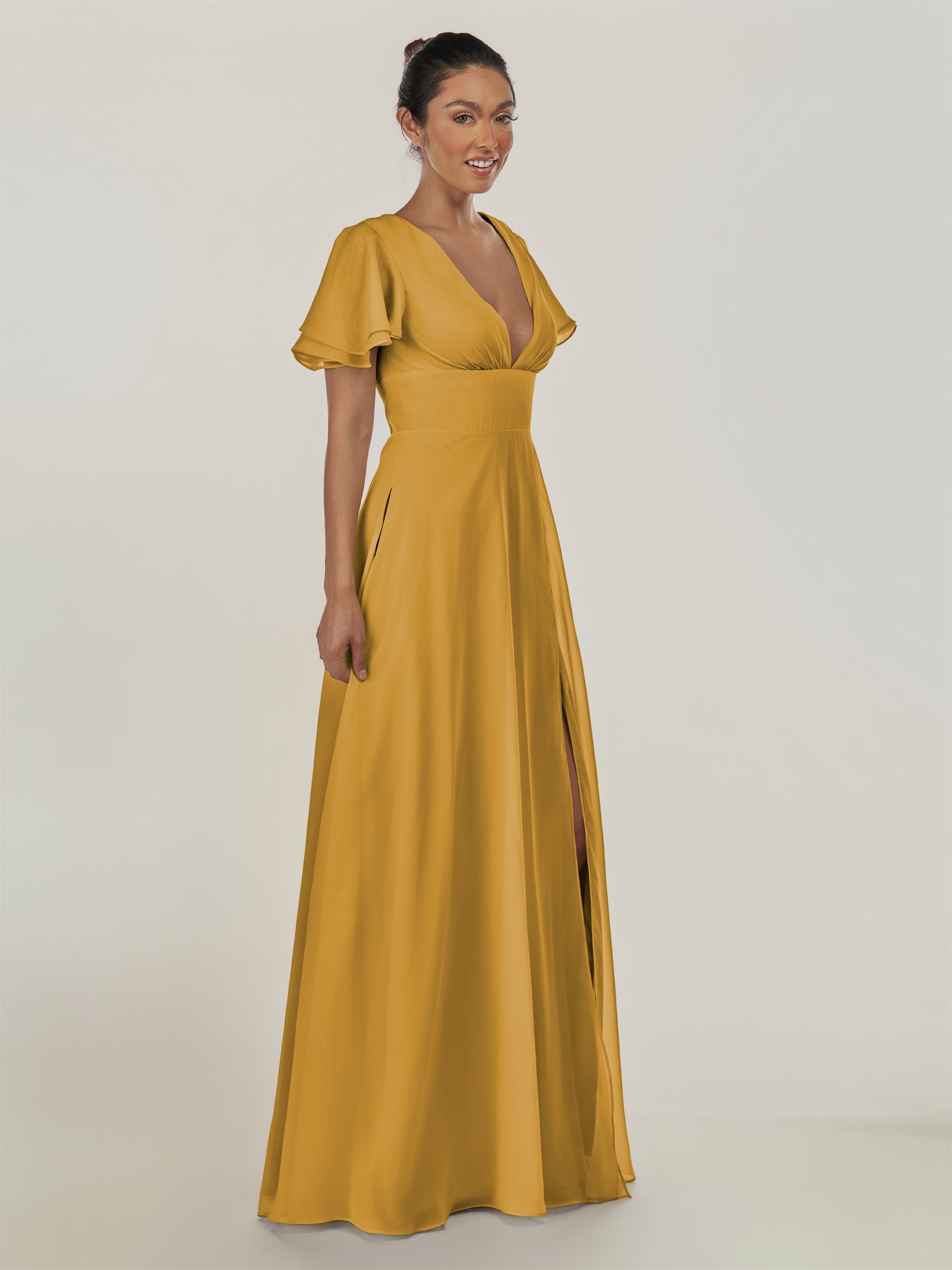KissDress-Nira Marigold A Line Chiffon Cap Sleeves V Neck Long Bridesmaid Dress with Slit