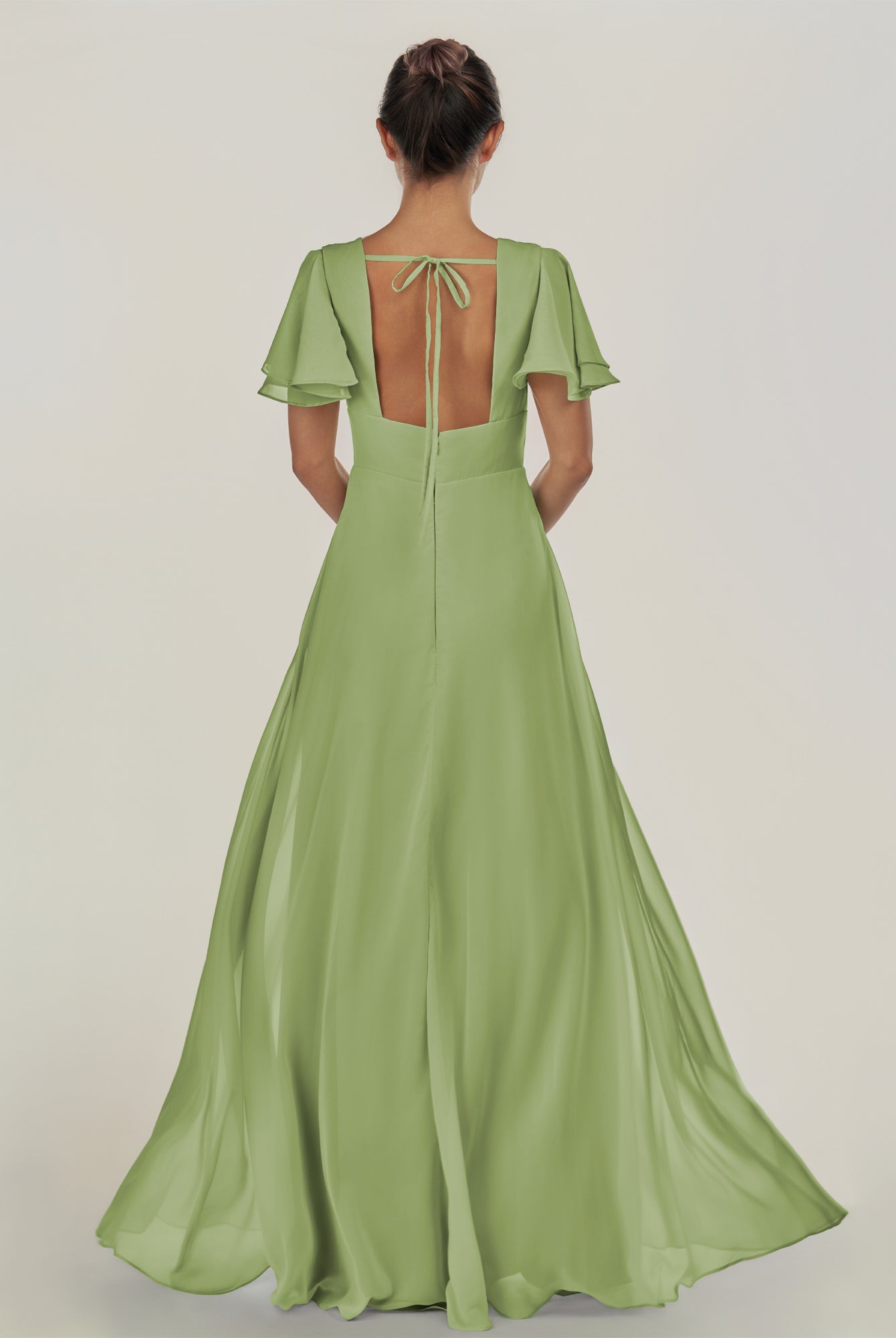 KissDress-Nira Matcha A Line Chiffon Cap Sleeves V Neck Long Bridesmaid Dress with Slit