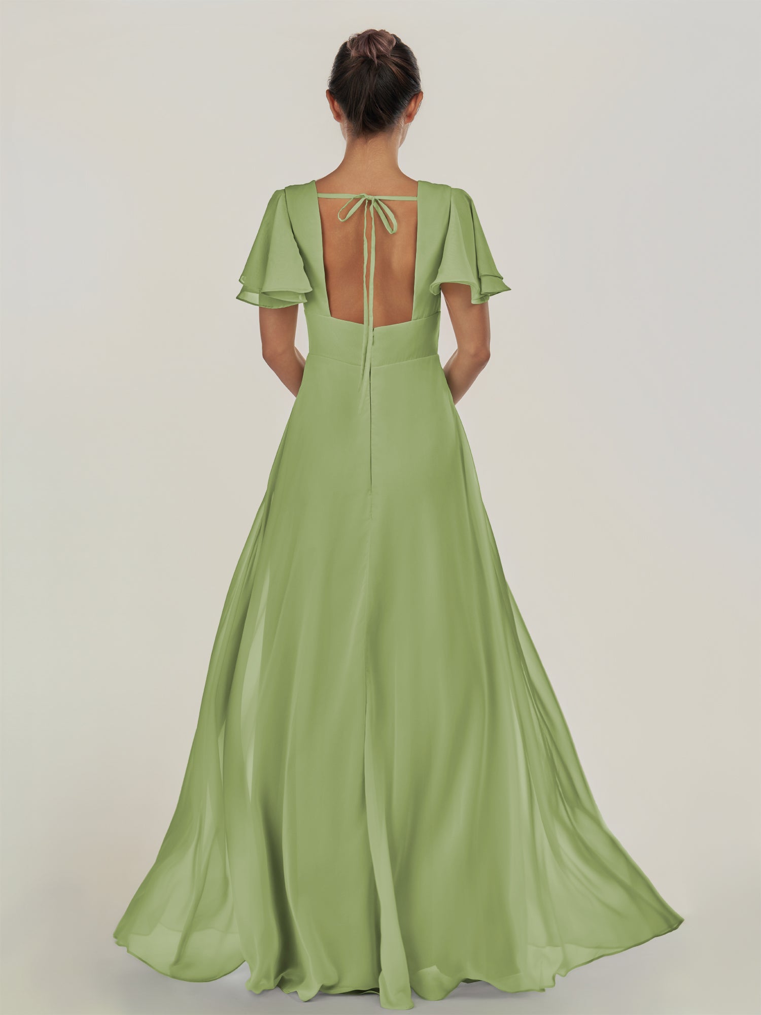 KissDress-Nira Matcha A Line Chiffon Cap Sleeves V Neck Long Bridesmaid Dress with Slit