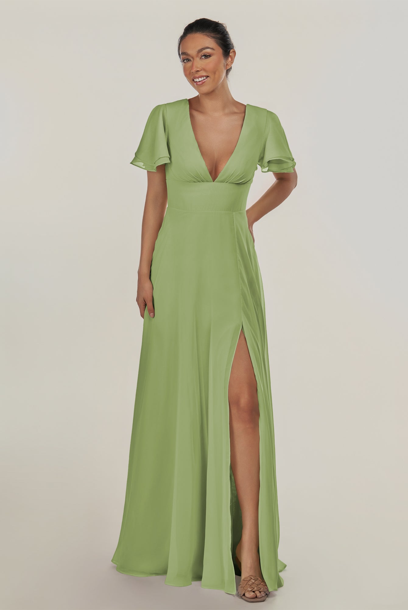 KissDress-Nira Matcha A Line Chiffon Cap Sleeves V Neck Long Bridesmaid Dress with Slit
