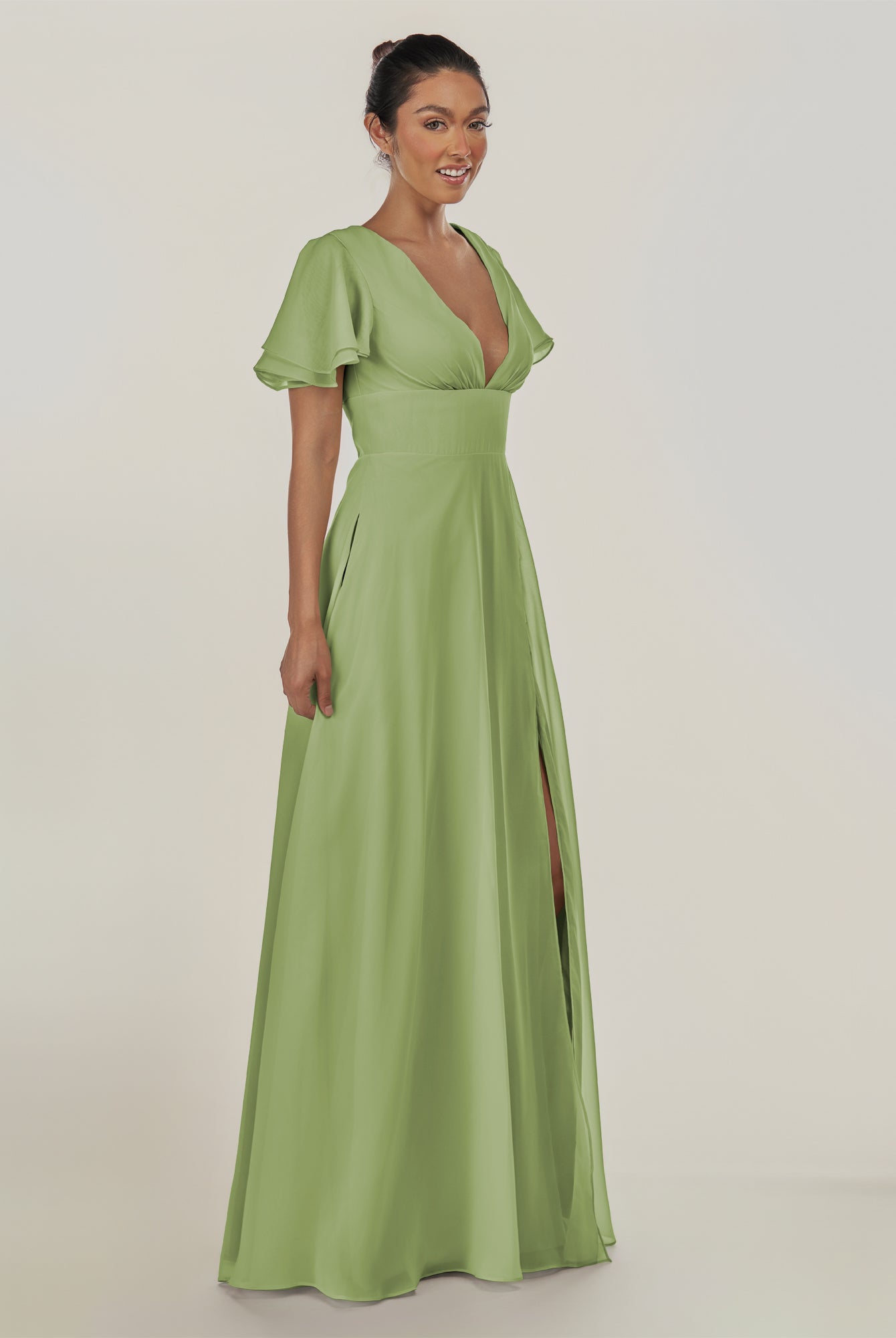 KissDress-Nira Matcha A Line Chiffon Cap Sleeves V Neck Long Bridesmaid Dress with Slit