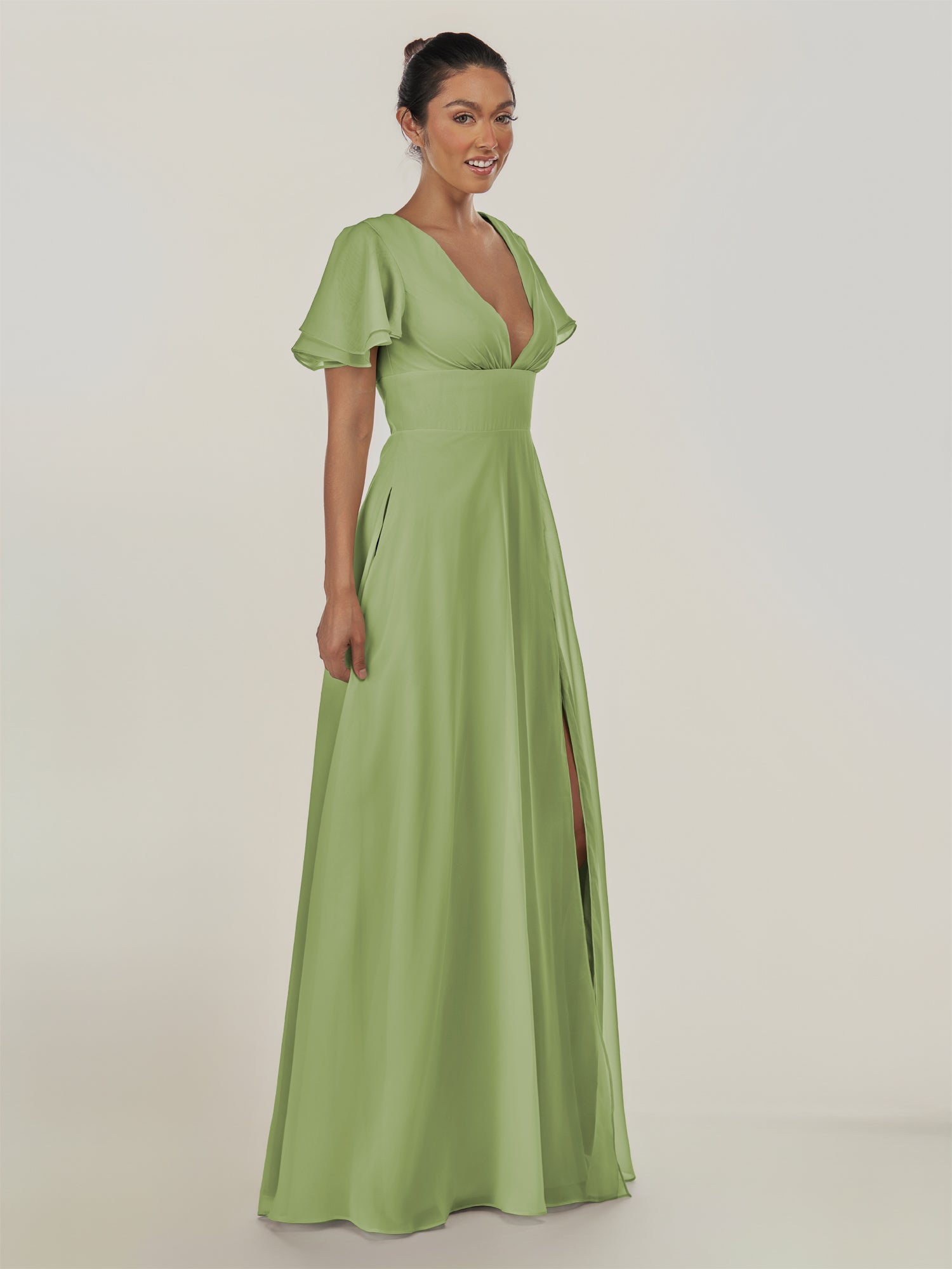 KissDress-Nira Matcha A Line Chiffon Cap Sleeves V Neck Long Bridesmaid Dress with Slit