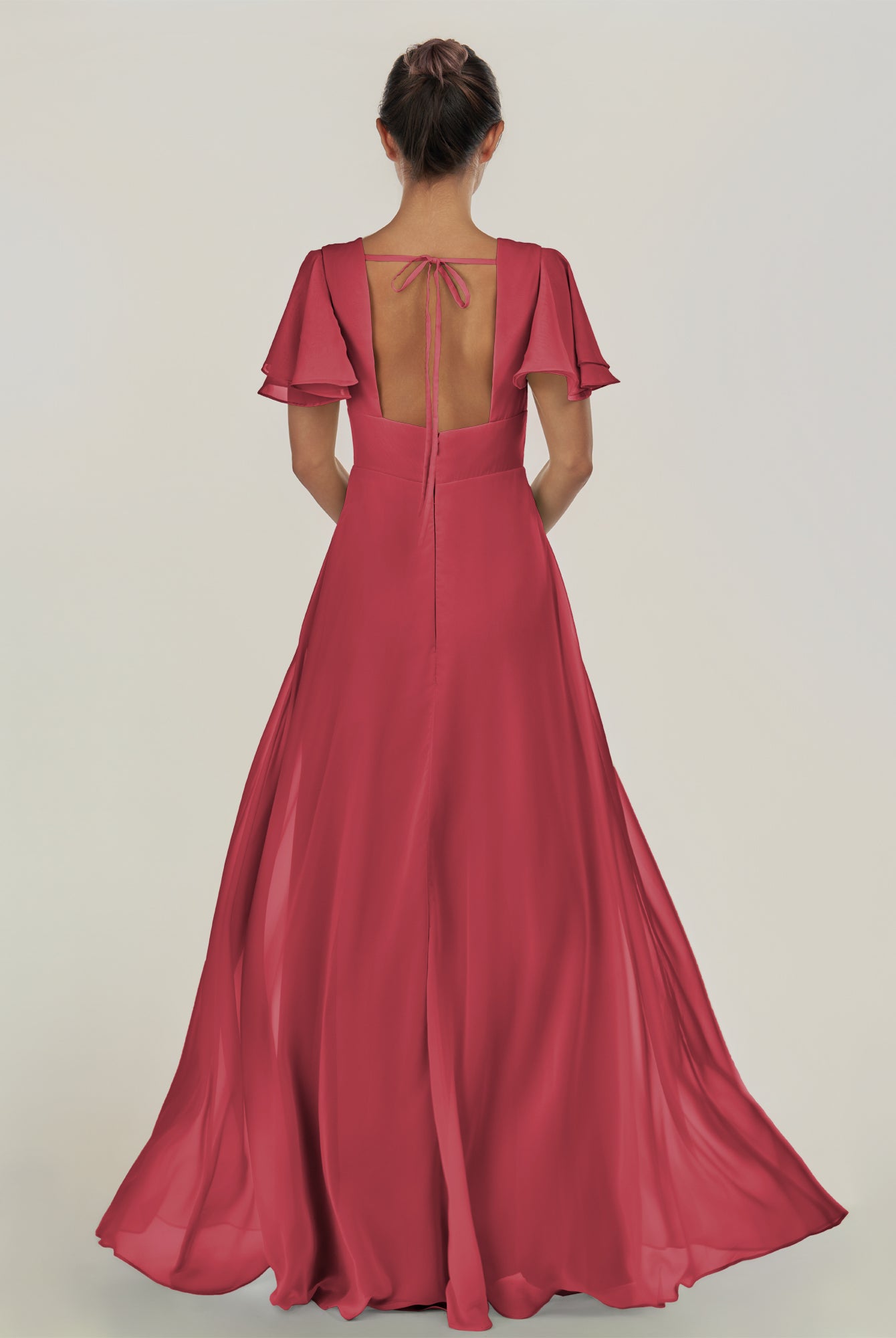KissDress-Nira Merlot A Line Chiffon Cap Sleeves V Neck Long Bridesmaid Dress with Slit