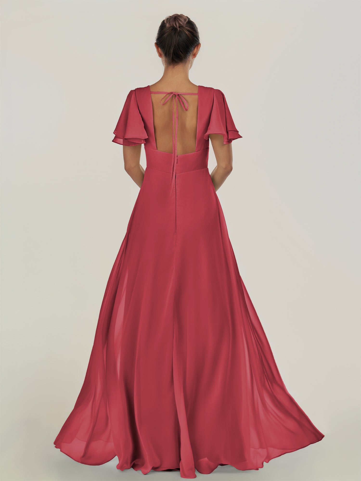 KissDress-Nira Merlot A Line Chiffon Cap Sleeves V Neck Long Bridesmaid Dress with Slit