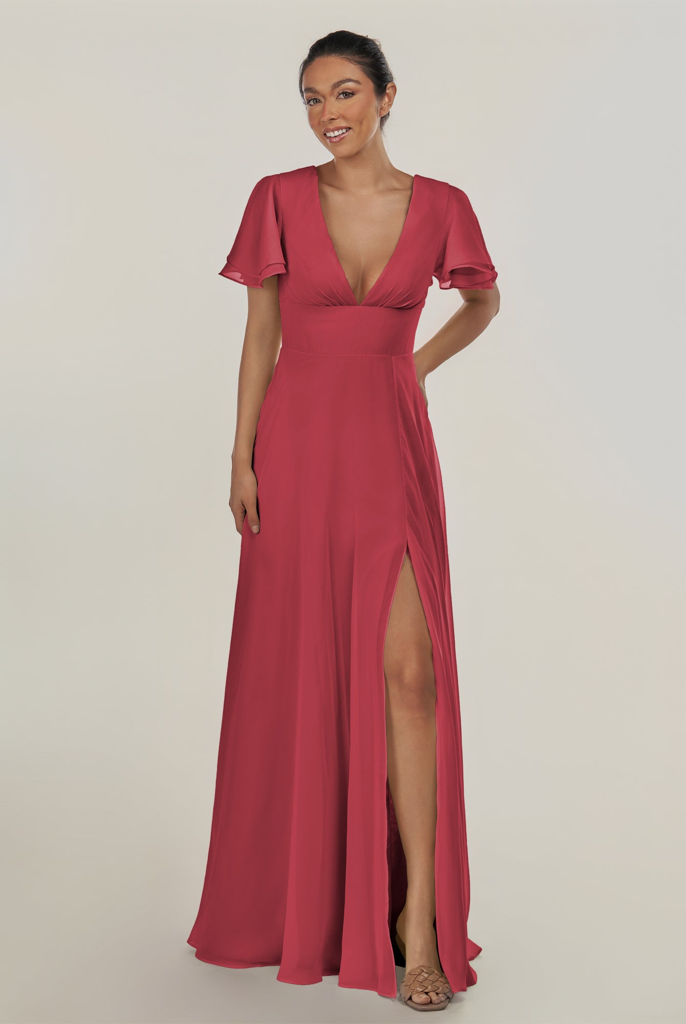 KissDress-Nira Merlot A Line Chiffon Cap Sleeves V Neck Long Bridesmaid Dress with Slit