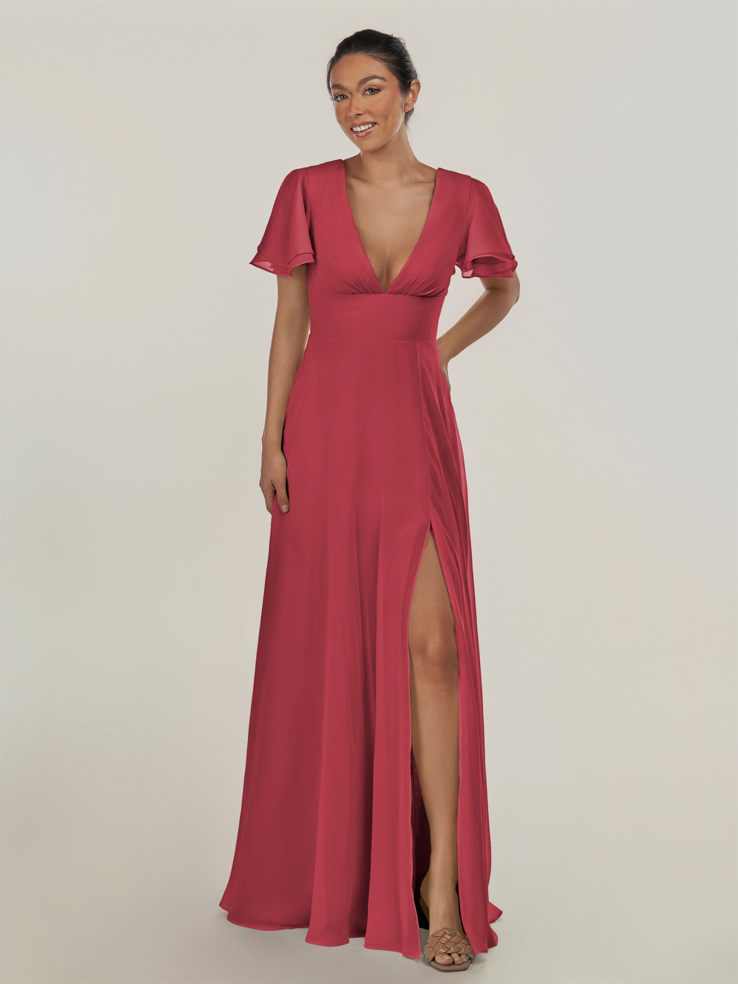 KissDress-Nira Merlot A Line Chiffon Cap Sleeves V Neck Long Bridesmaid Dress with Slit