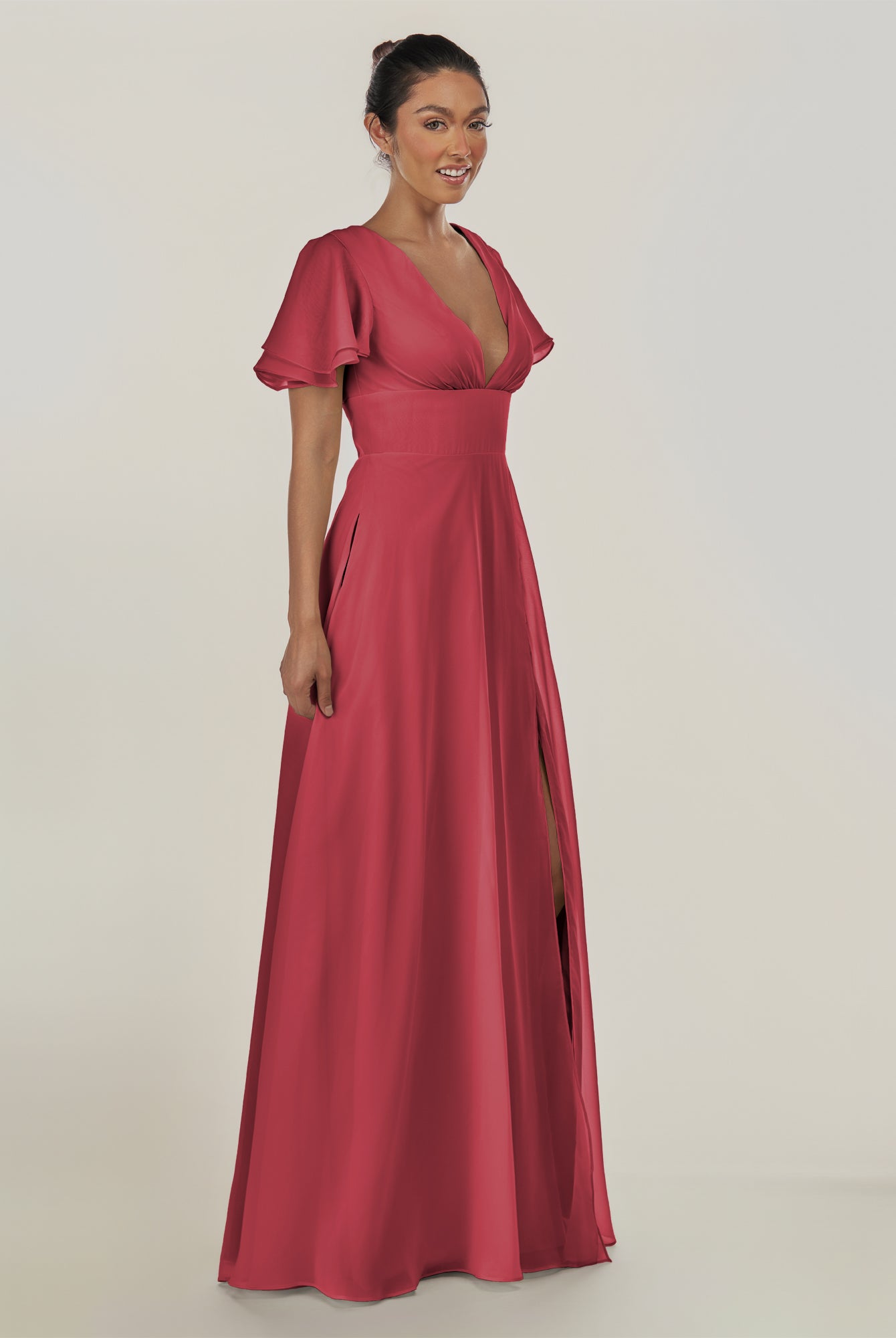 KissDress-Nira Merlot A Line Chiffon Cap Sleeves V Neck Long Bridesmaid Dress with Slit