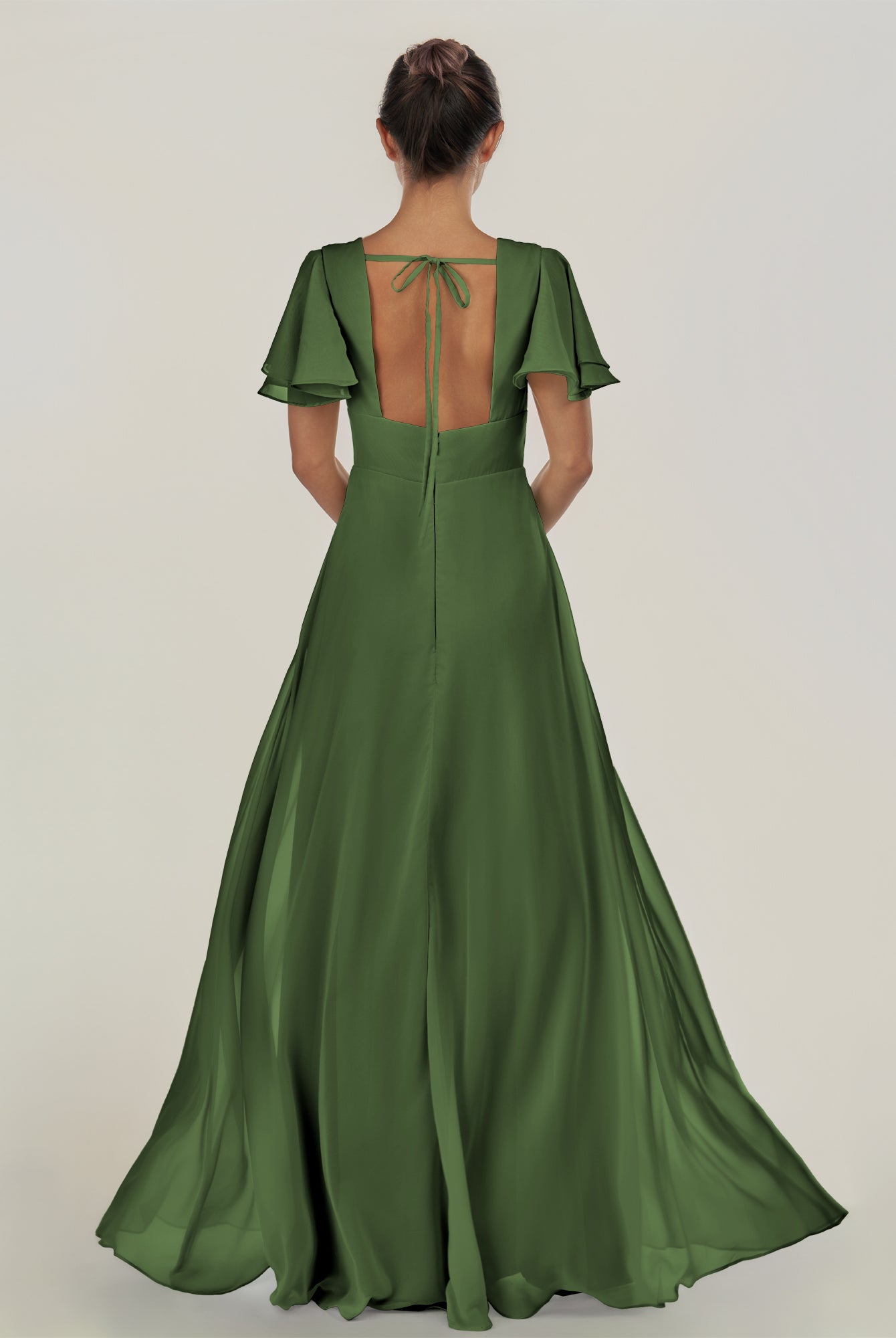 KissDress-Nira Moss A Line Chiffon Cap Sleeves V Neck Long Bridesmaid Dress with Slit