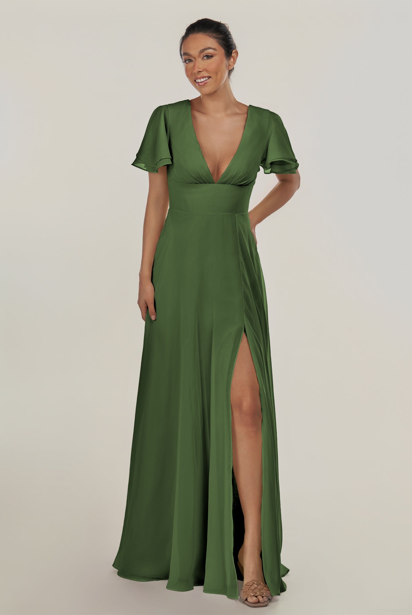 KissDress-Nira Moss A Line Chiffon Cap Sleeves V Neck Long Bridesmaid Dress with Slit
