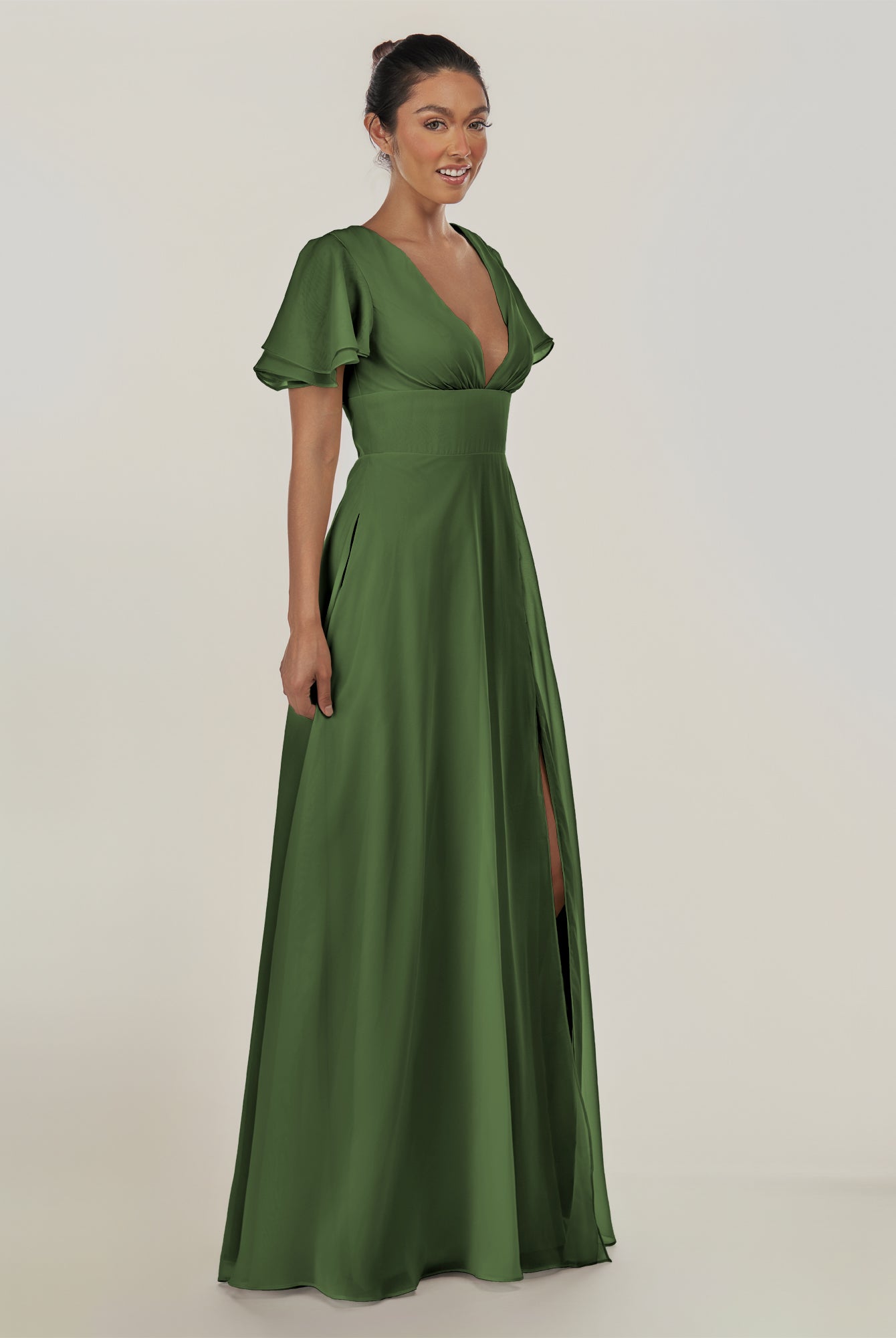 KissDress-Nira Moss A Line Chiffon Cap Sleeves V Neck Long Bridesmaid Dress with Slit
