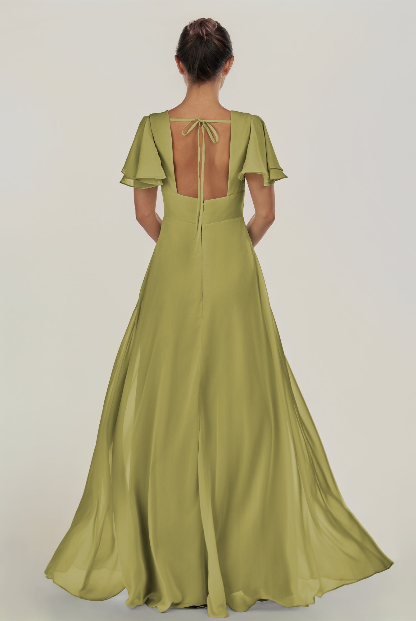 KissDress-Nira Moss Green A Line Chiffon Cap Sleeves V Neck Long Bridesmaid Dress with Slit