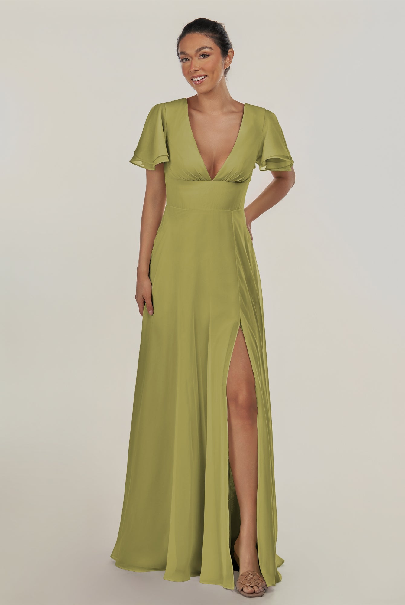 KissDress-Nira Moss Green A Line Chiffon Cap Sleeves V Neck Long Bridesmaid Dress with Slit