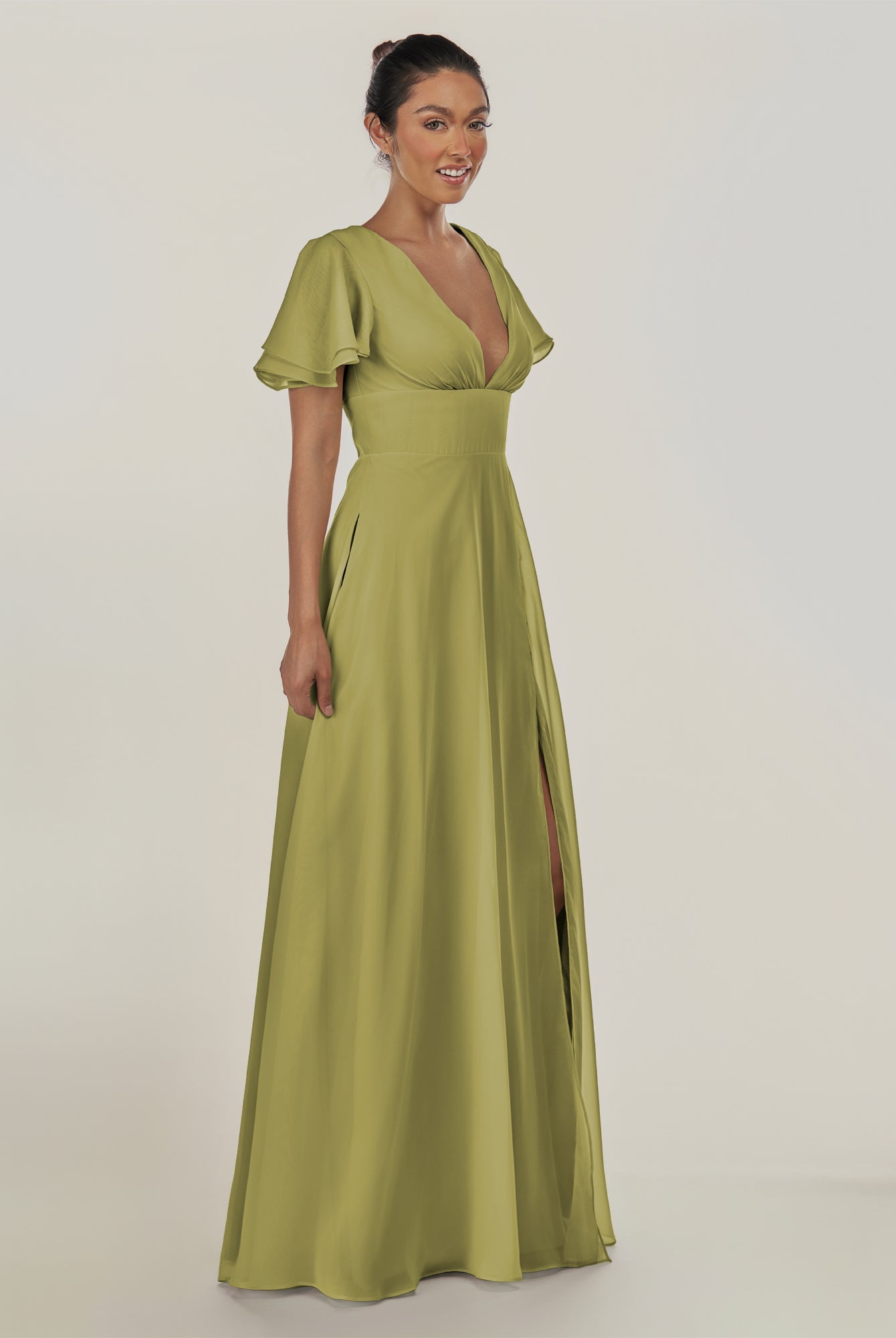 KissDress-Nira Moss Green A Line Chiffon Cap Sleeves V Neck Long Bridesmaid Dress with Slit