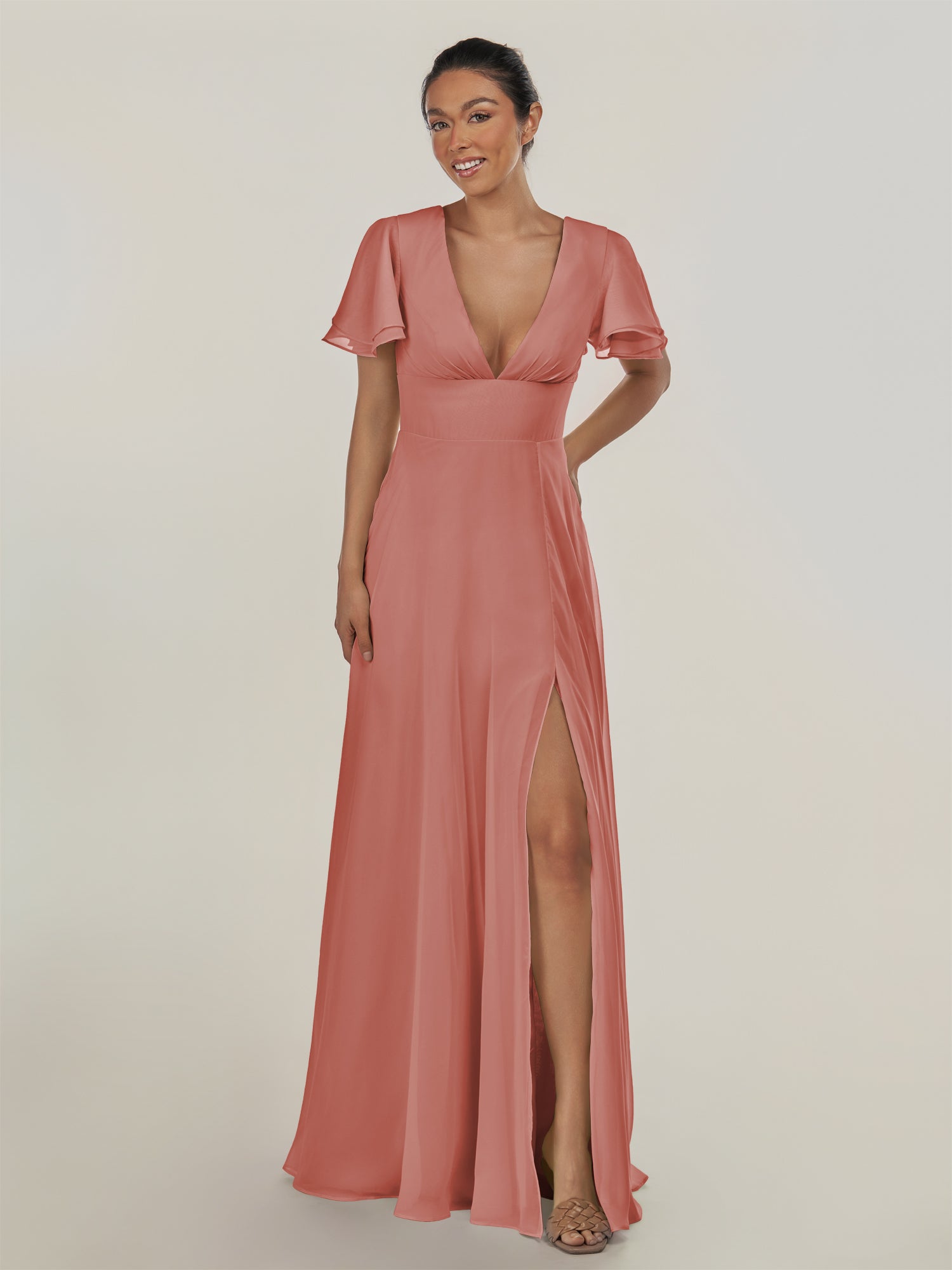 KissDress-Nira Mulberry A Line Chiffon Cap Sleeves V Neck Long Bridesmaid Dress with Slit