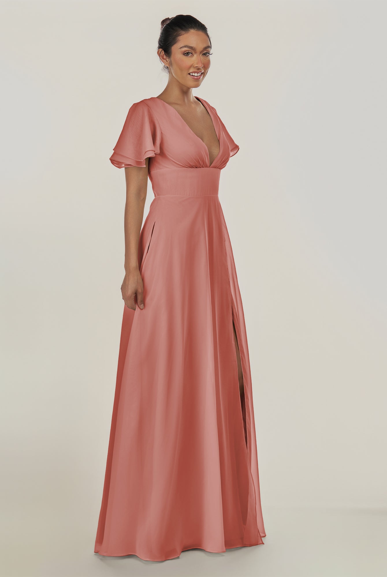 KissDress-Nira Mulberry A Line Chiffon Cap Sleeves V Neck Long Bridesmaid Dress with Slit