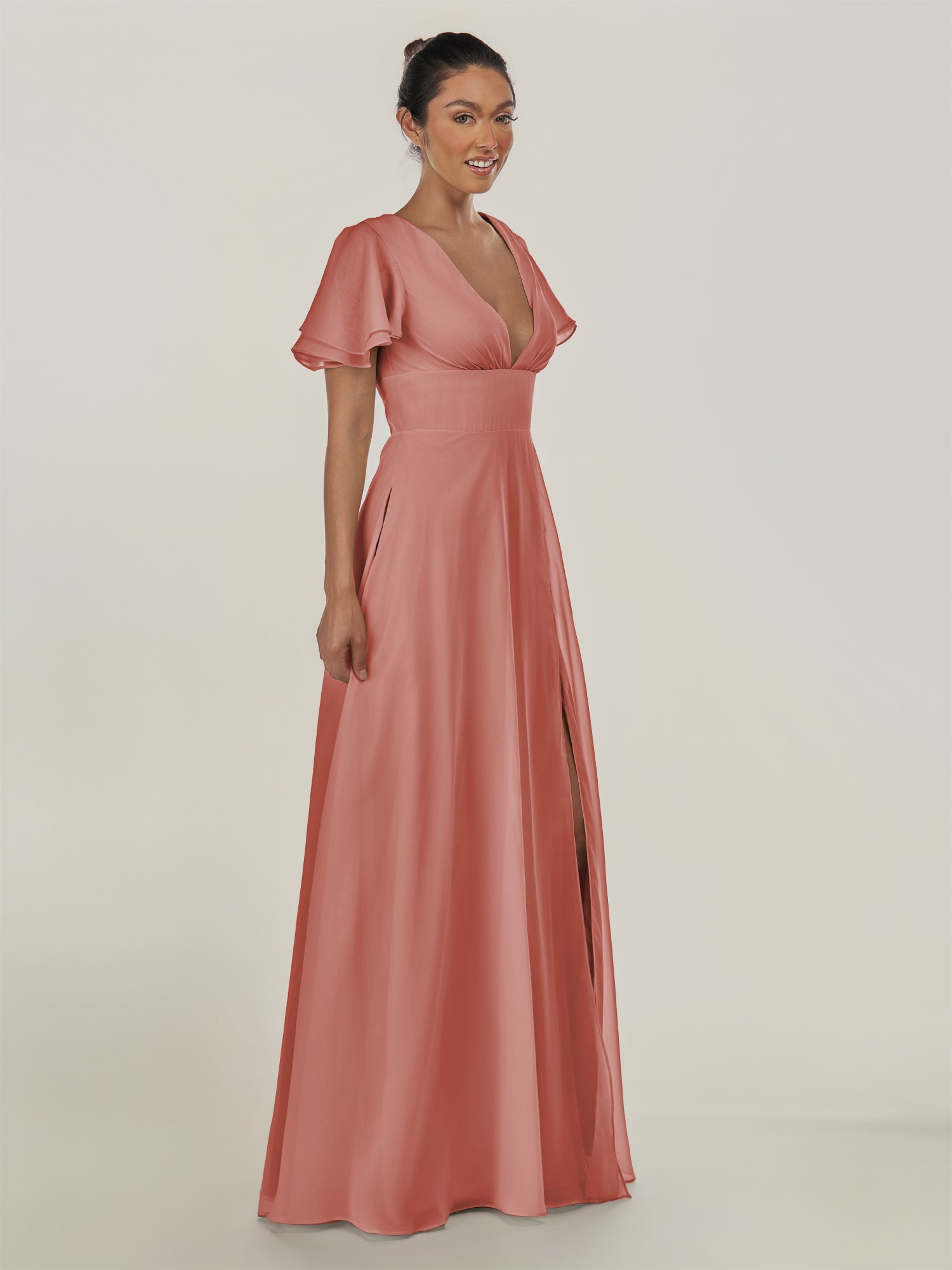 KissDress-Nira Mulberry A Line Chiffon Cap Sleeves V Neck Long Bridesmaid Dress with Slit
