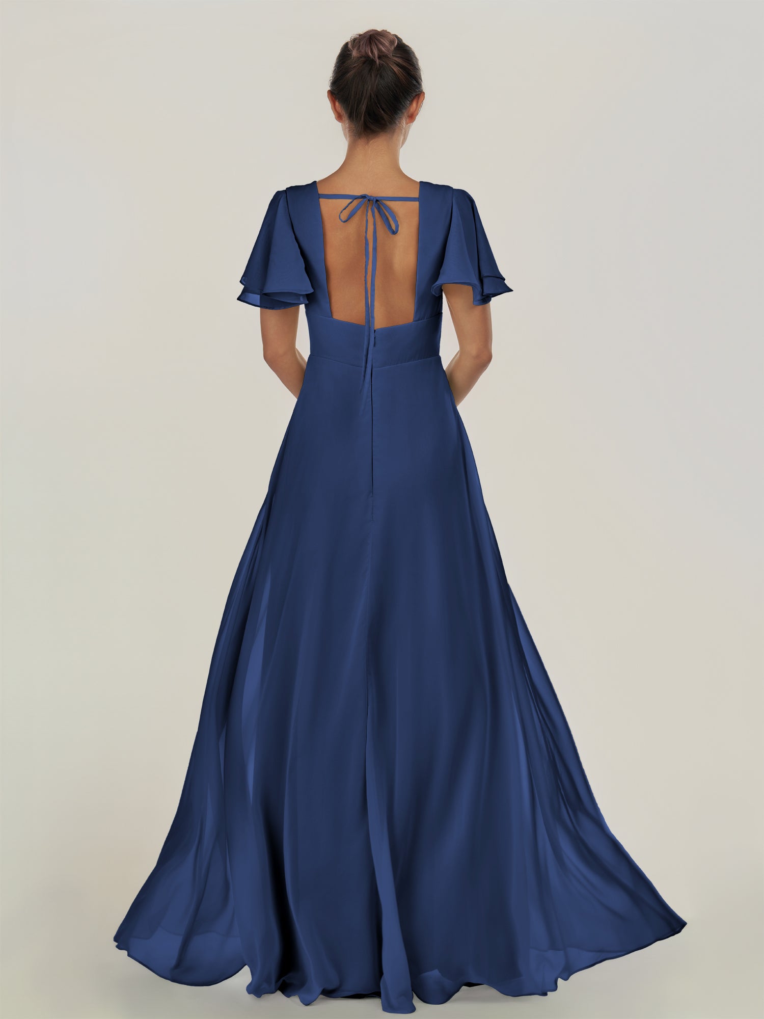 KissDress-Nira Navy A Line Chiffon Cap Sleeves V Neck Long Bridesmaid Dress with Slit