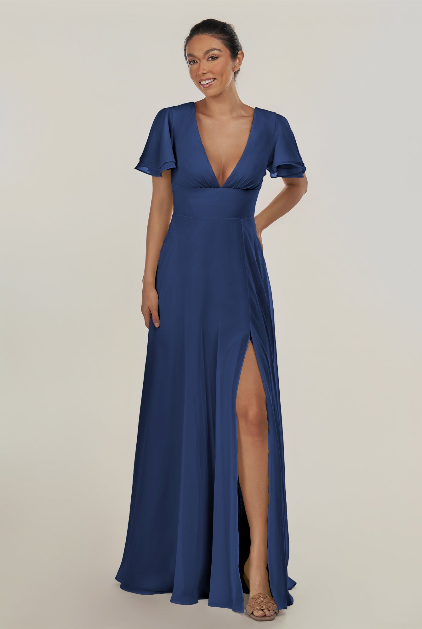 KissDress-Nira Navy A Line Chiffon Cap Sleeves V Neck Long Bridesmaid Dress with Slit