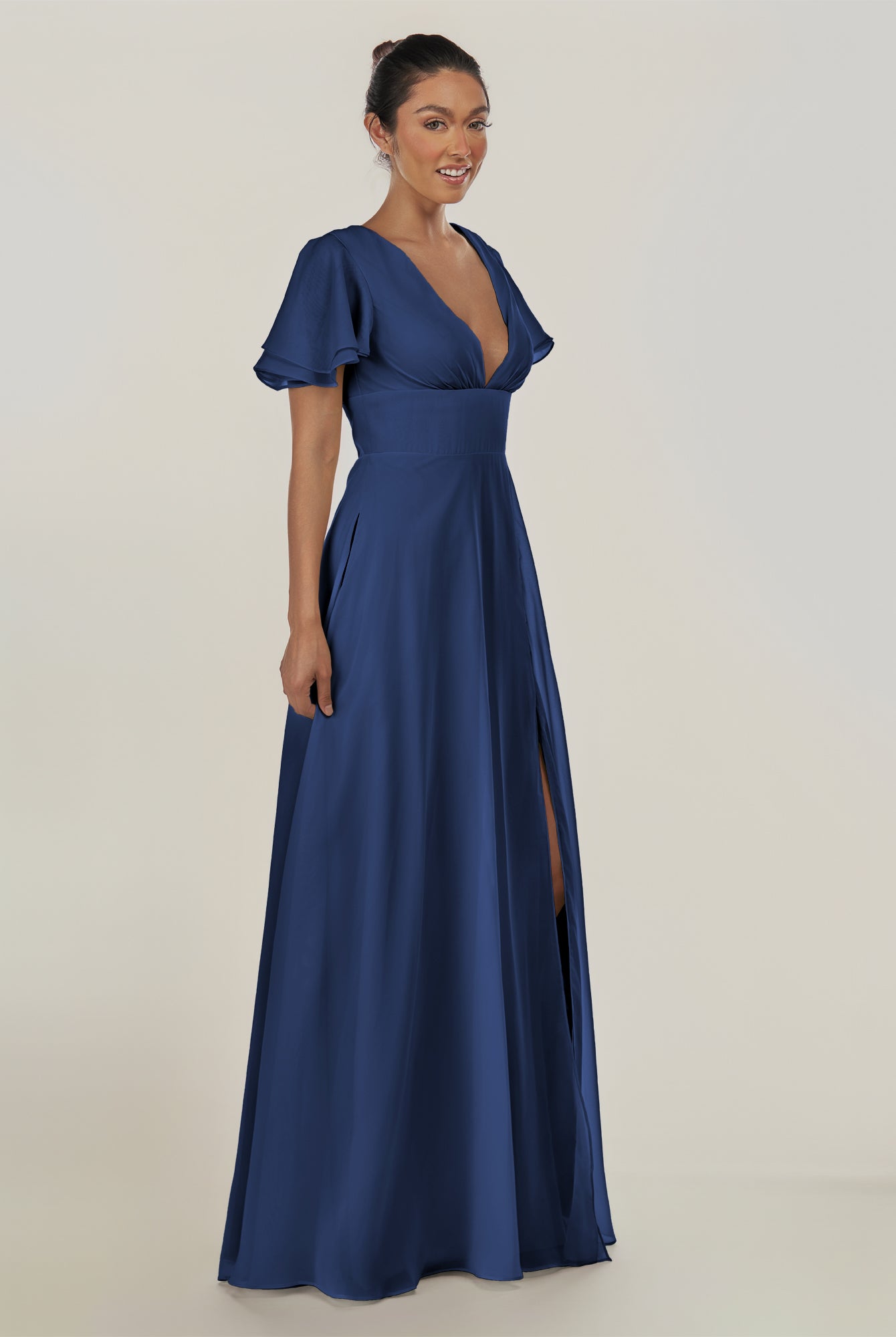 KissDress-Nira Navy A Line Chiffon Cap Sleeves V Neck Long Bridesmaid Dress with Slit
