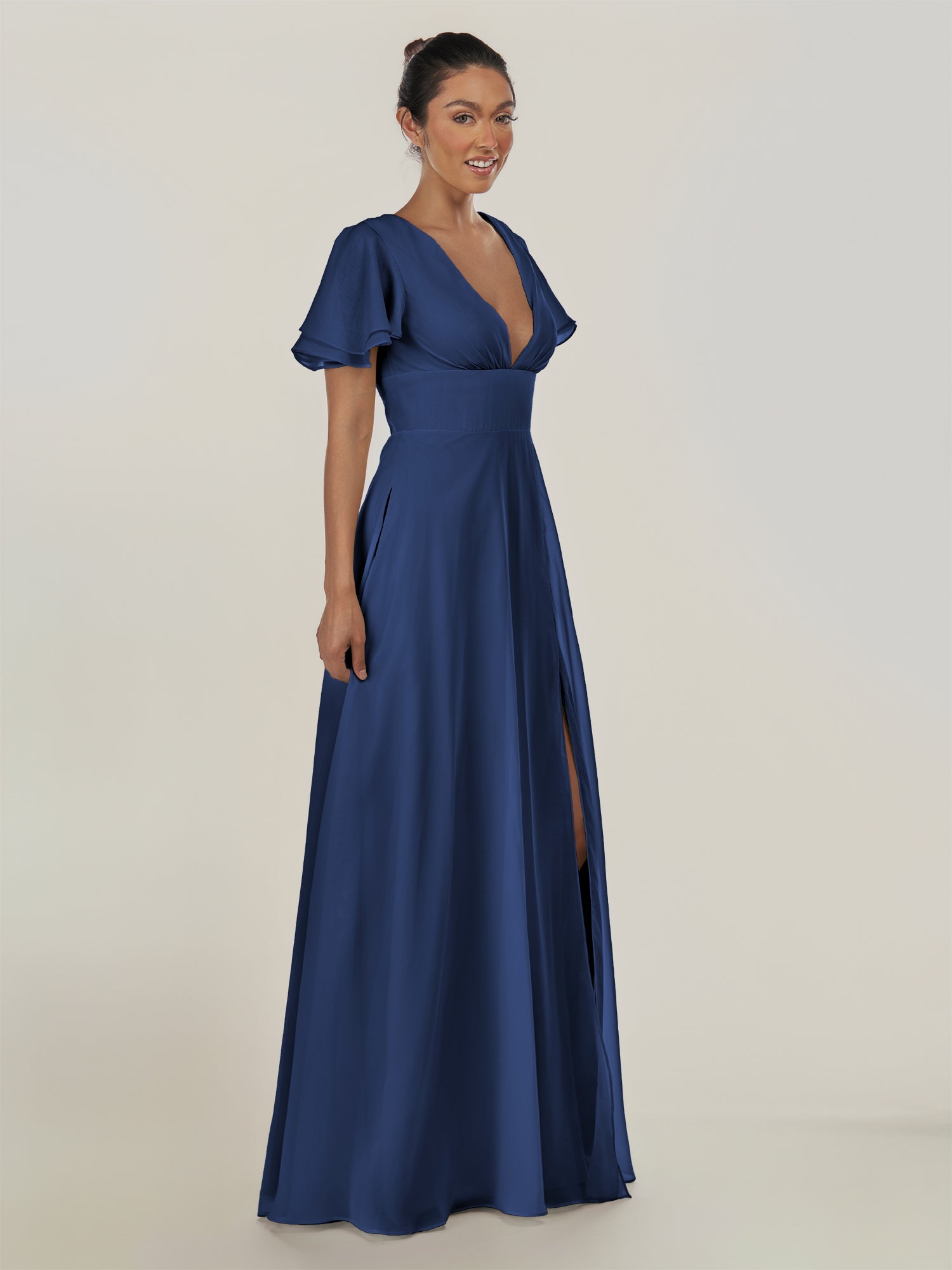 KissDress-Nira Navy A Line Chiffon Cap Sleeves V Neck Long Bridesmaid Dress with Slit