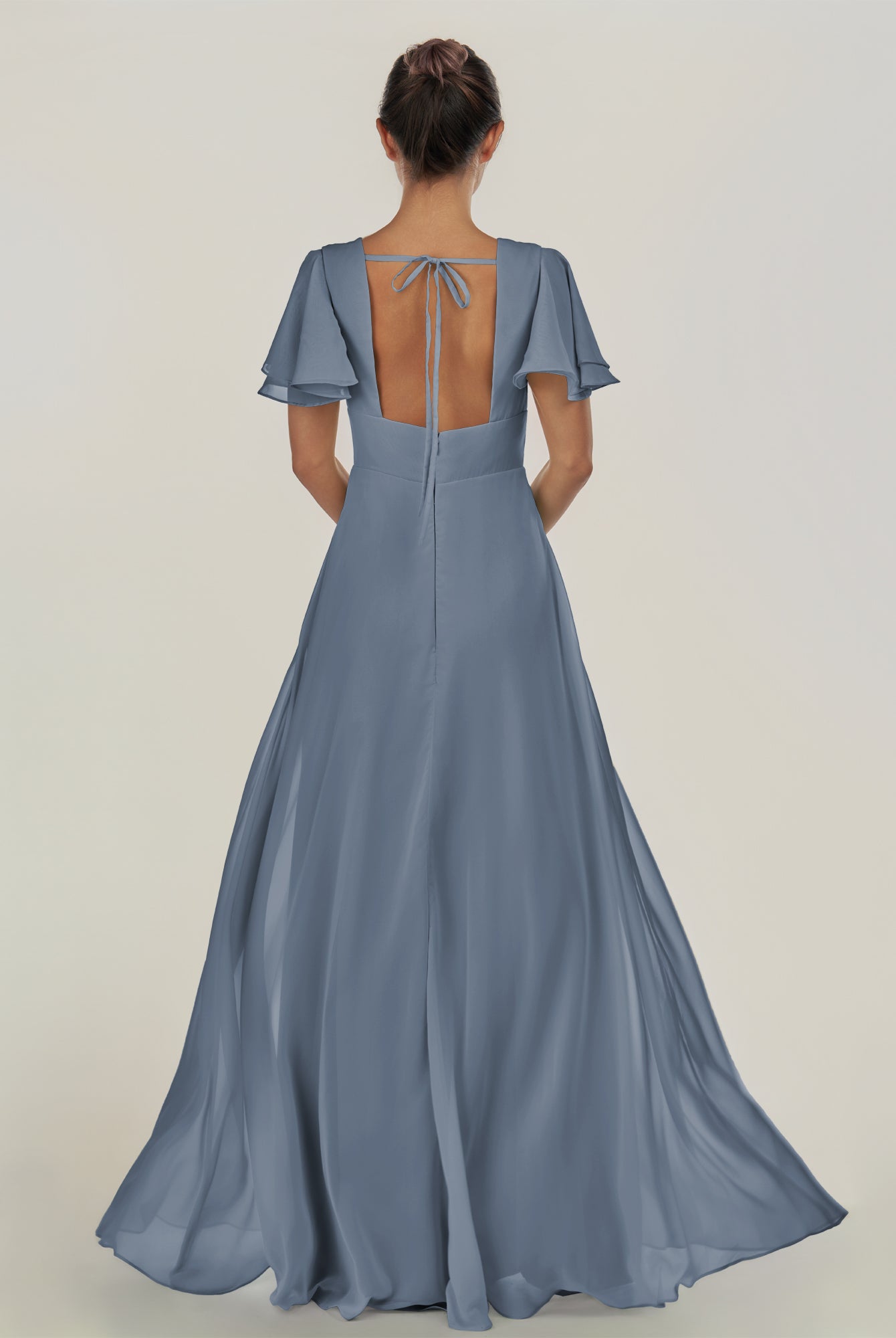 KissDress-Nira Neptune A Line Chiffon Cap Sleeves V Neck Long Bridesmaid Dress with Slit