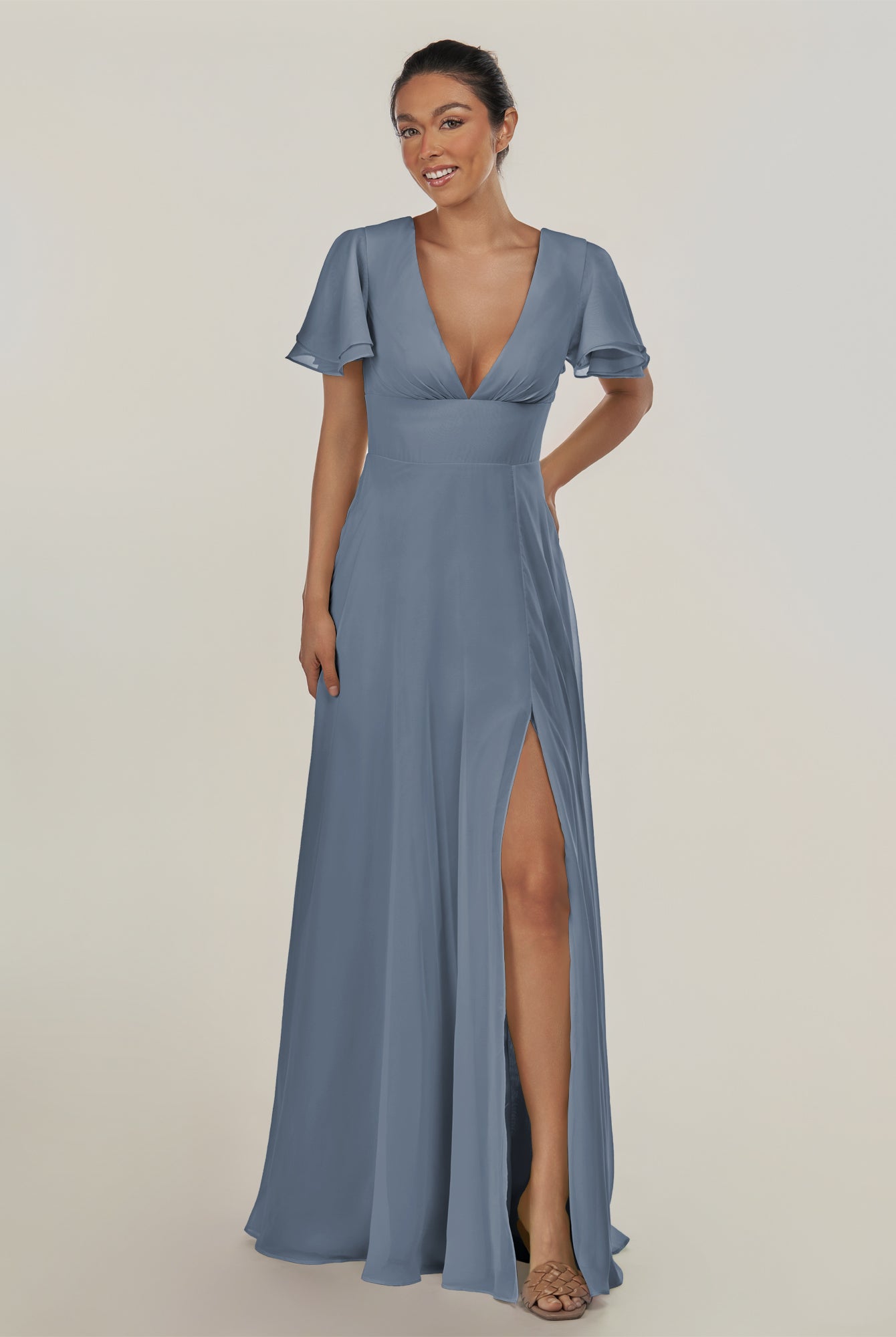 KissDress-Nira Neptune A Line Chiffon Cap Sleeves V Neck Long Bridesmaid Dress with Slit