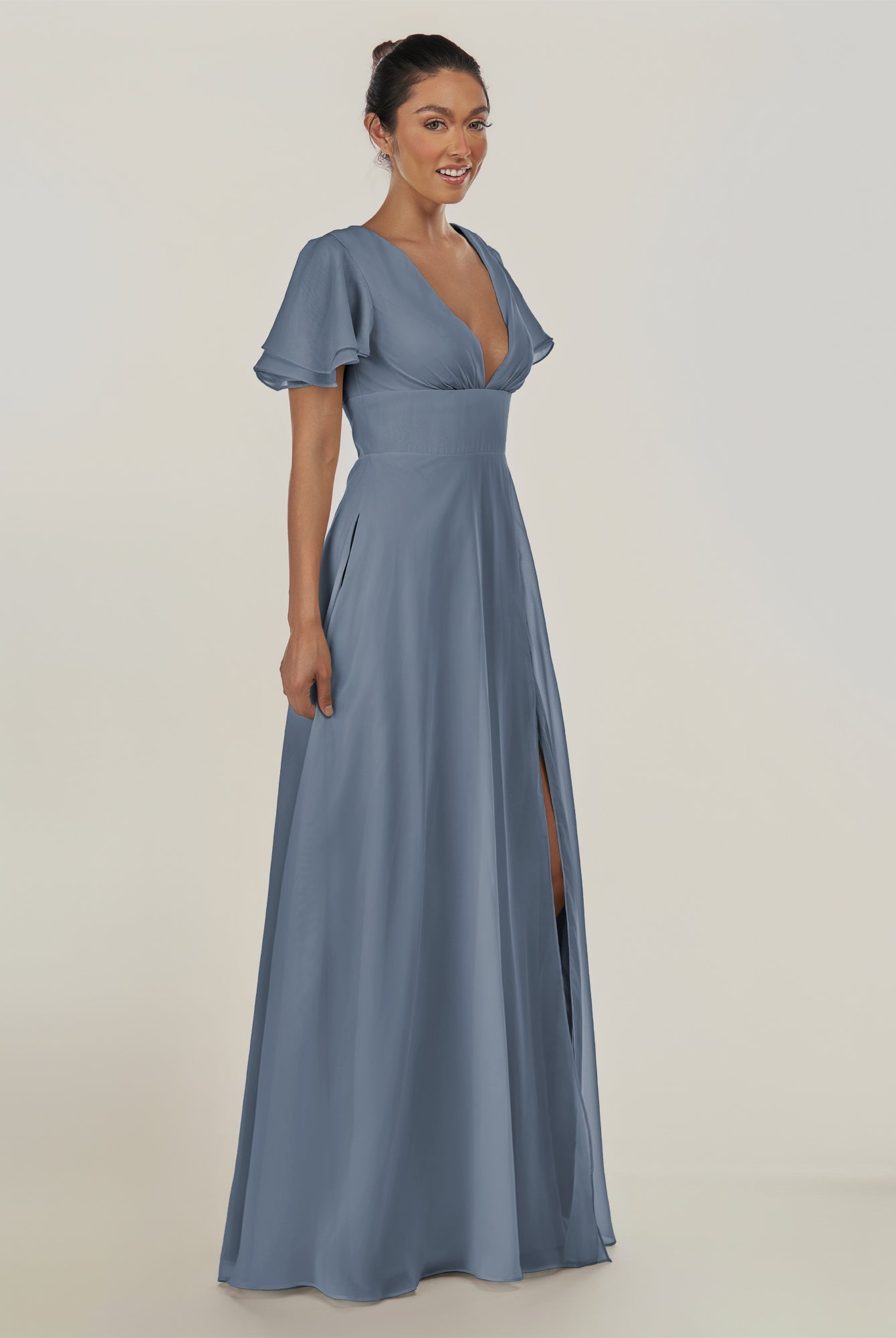 KissDress-Nira Neptune A Line Chiffon Cap Sleeves V Neck Long Bridesmaid Dress with Slit