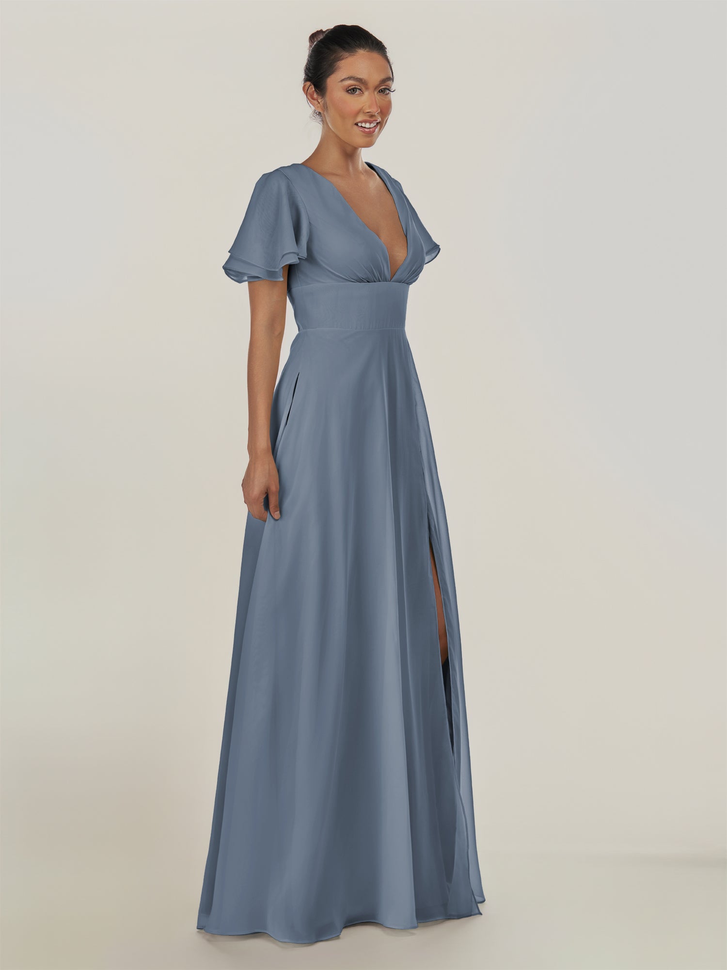 KissDress-Nira Neptune A Line Chiffon Cap Sleeves V Neck Long Bridesmaid Dress with Slit