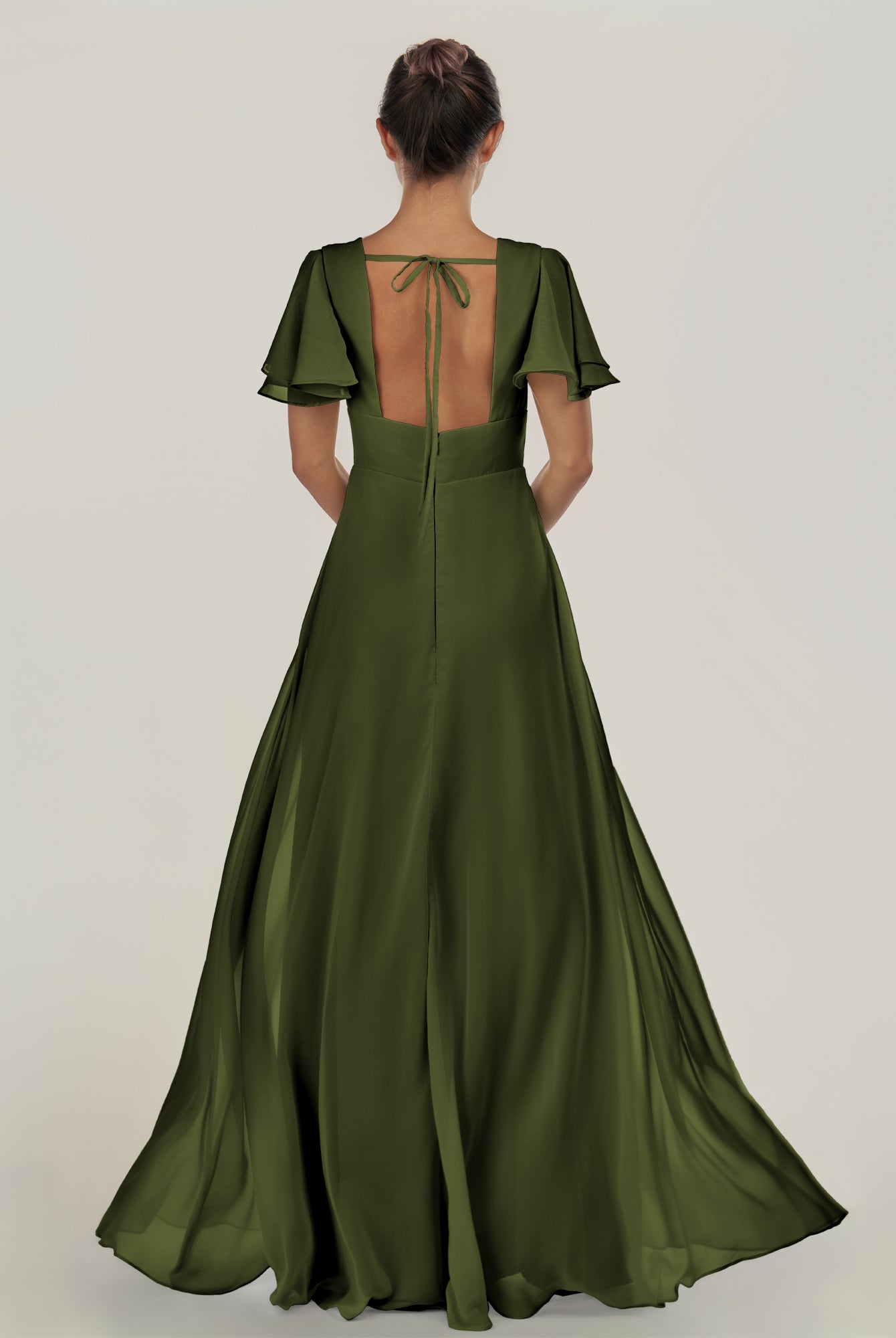 KissDress-Nira Olive A Line Chiffon Cap Sleeves V Neck Long Bridesmaid Dress with Slit