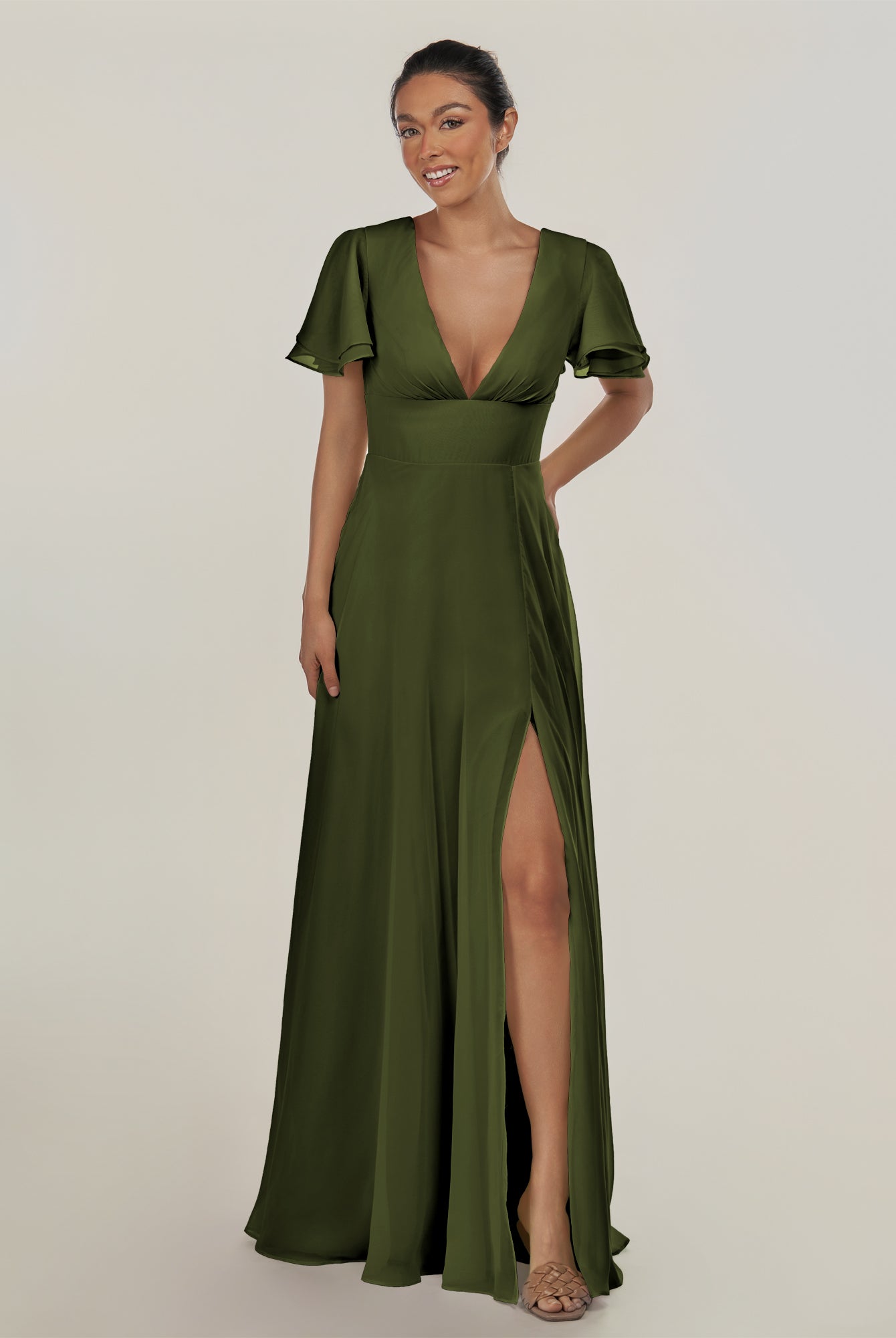 KissDress-Nira Olive A Line Chiffon Cap Sleeves V Neck Long Bridesmaid Dress with Slit