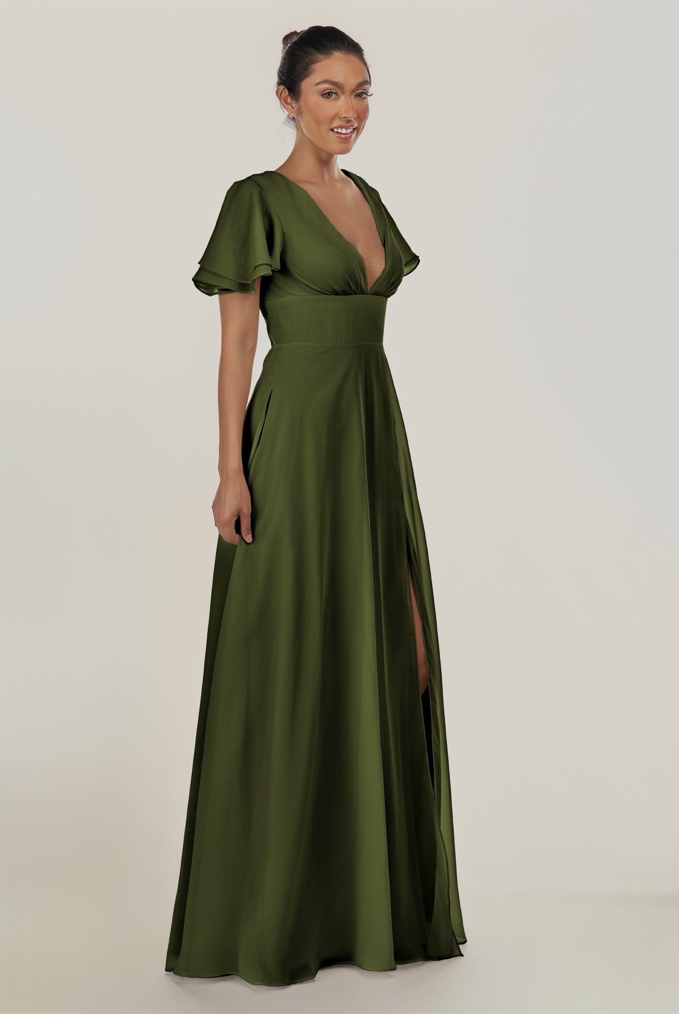 KissDress-Nira Olive A Line Chiffon Cap Sleeves V Neck Long Bridesmaid Dress with Slit