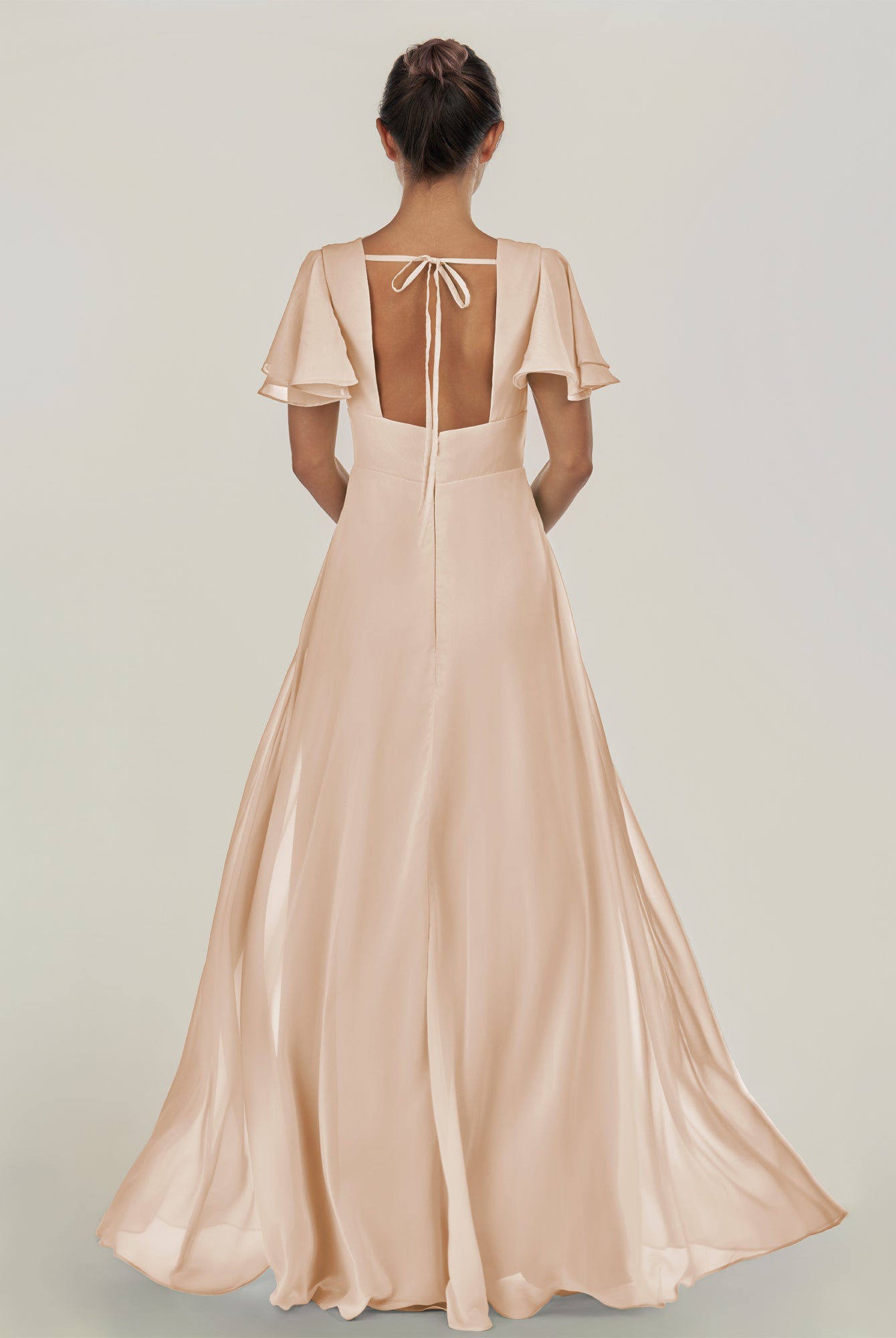 KissDress-Nira Pale Blush A Line Chiffon Cap Sleeves V Neck Long Bridesmaid Dress with Slit
