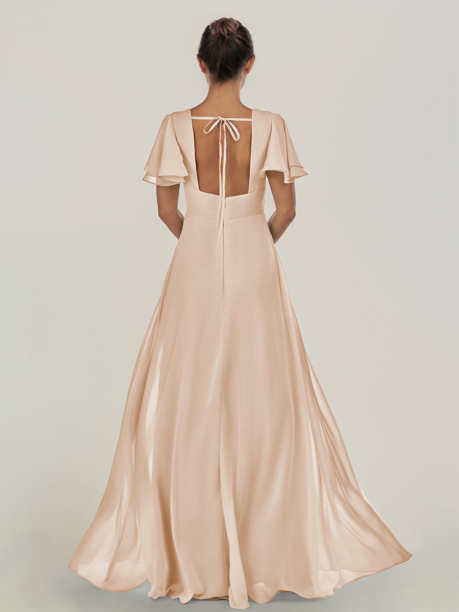 KissDress-Nira Pale Blush A Line Chiffon Cap Sleeves V Neck Long Bridesmaid Dress with Slit