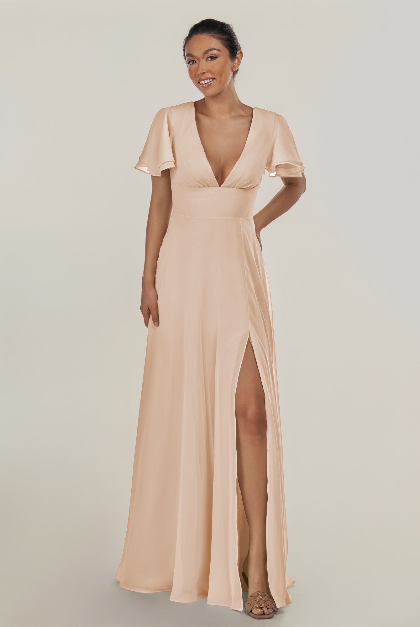 KissDress-Nira Pale Blush A Line Chiffon Cap Sleeves V Neck Long Bridesmaid Dress with Slit