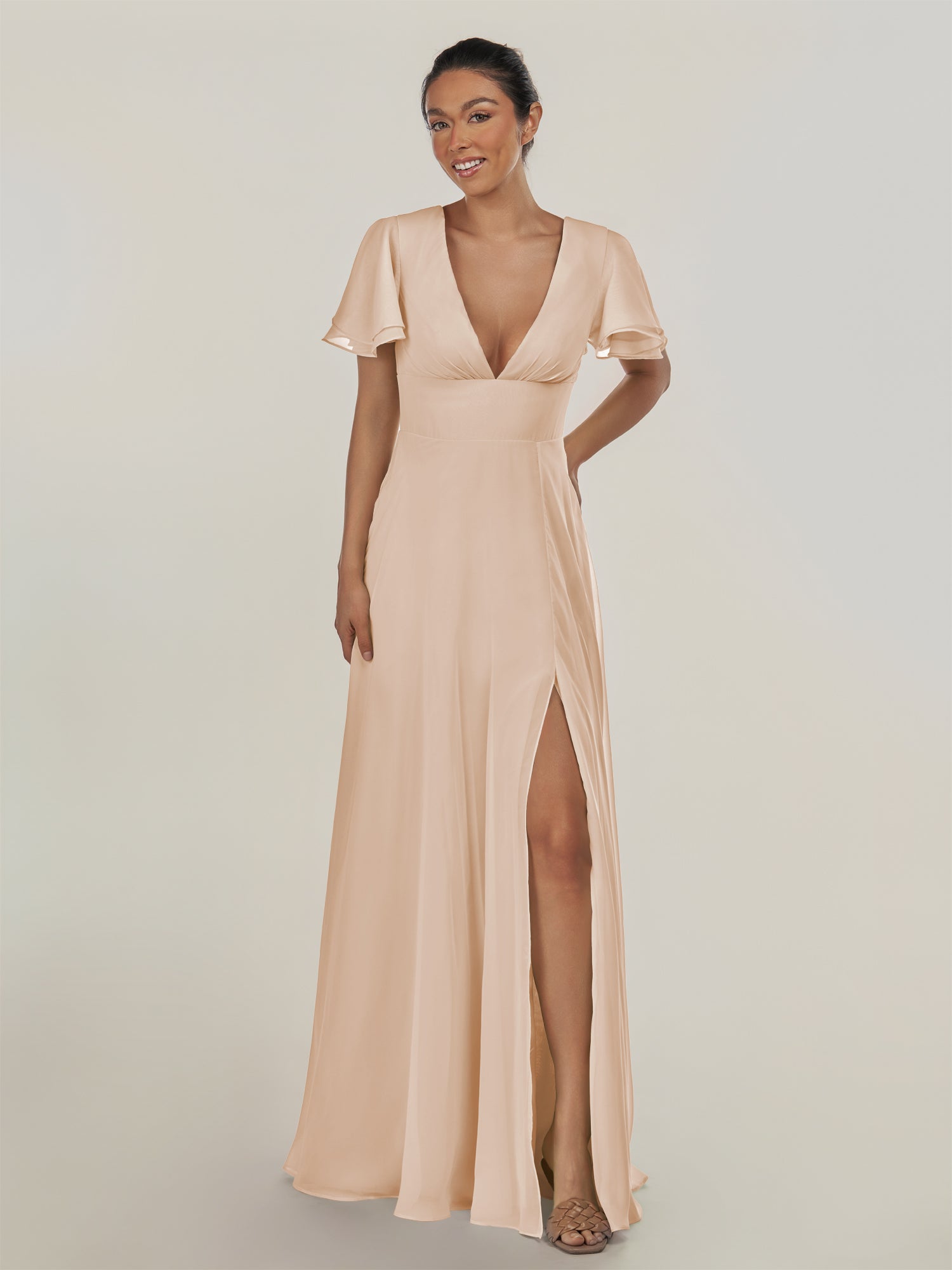KissDress-Nira Pale Blush A Line Chiffon Cap Sleeves V Neck Long Bridesmaid Dress with Slit