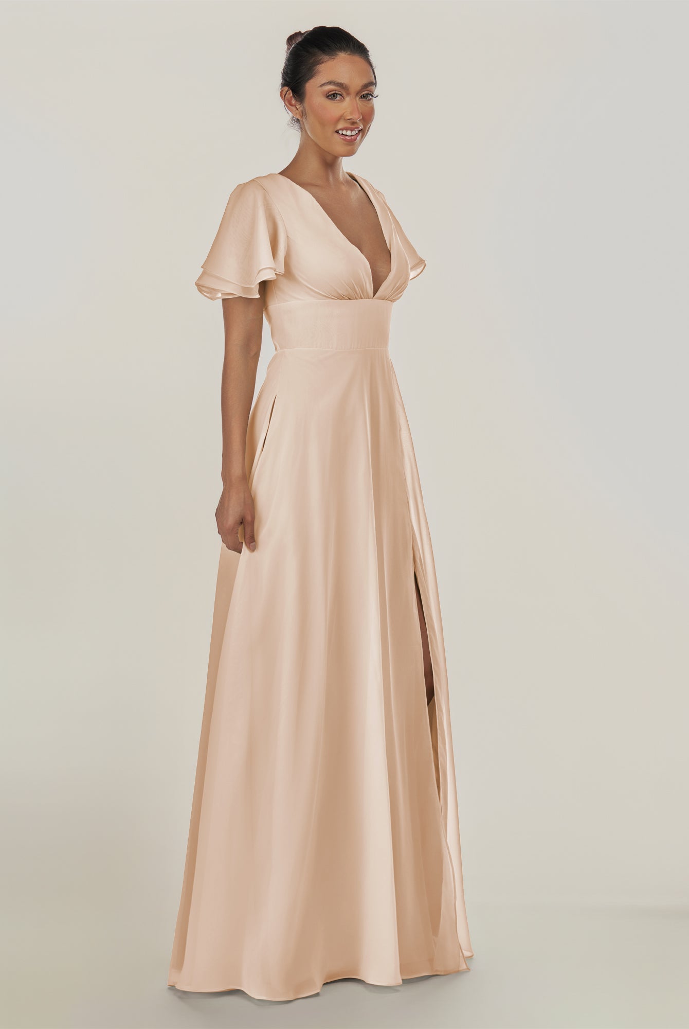 KissDress-Nira Pale Blush A Line Chiffon Cap Sleeves V Neck Long Bridesmaid Dress with Slit