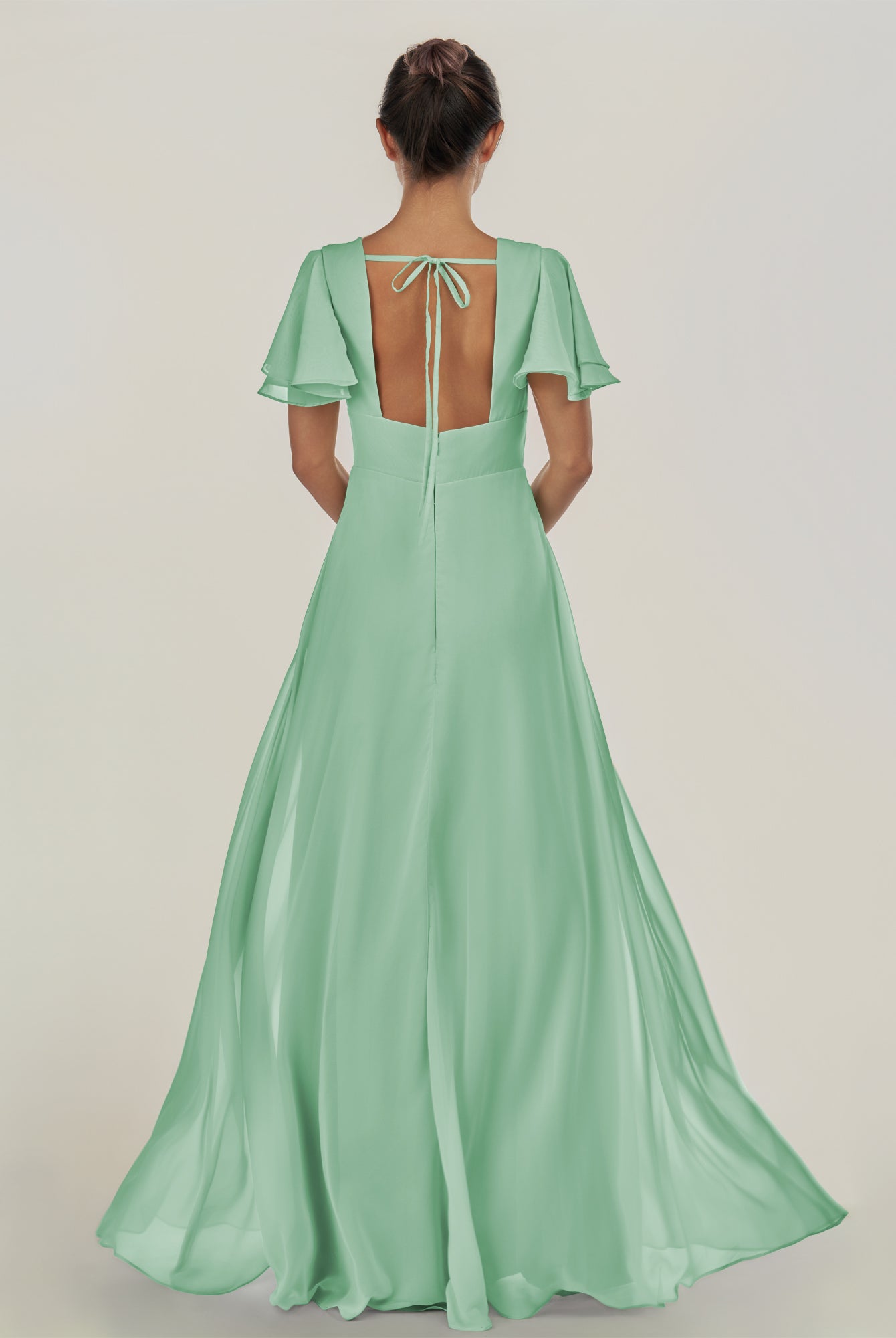 KissDress-Nira Pale Pistachio A Line Chiffon Cap Sleeves V Neck Long Bridesmaid Dress with Slit