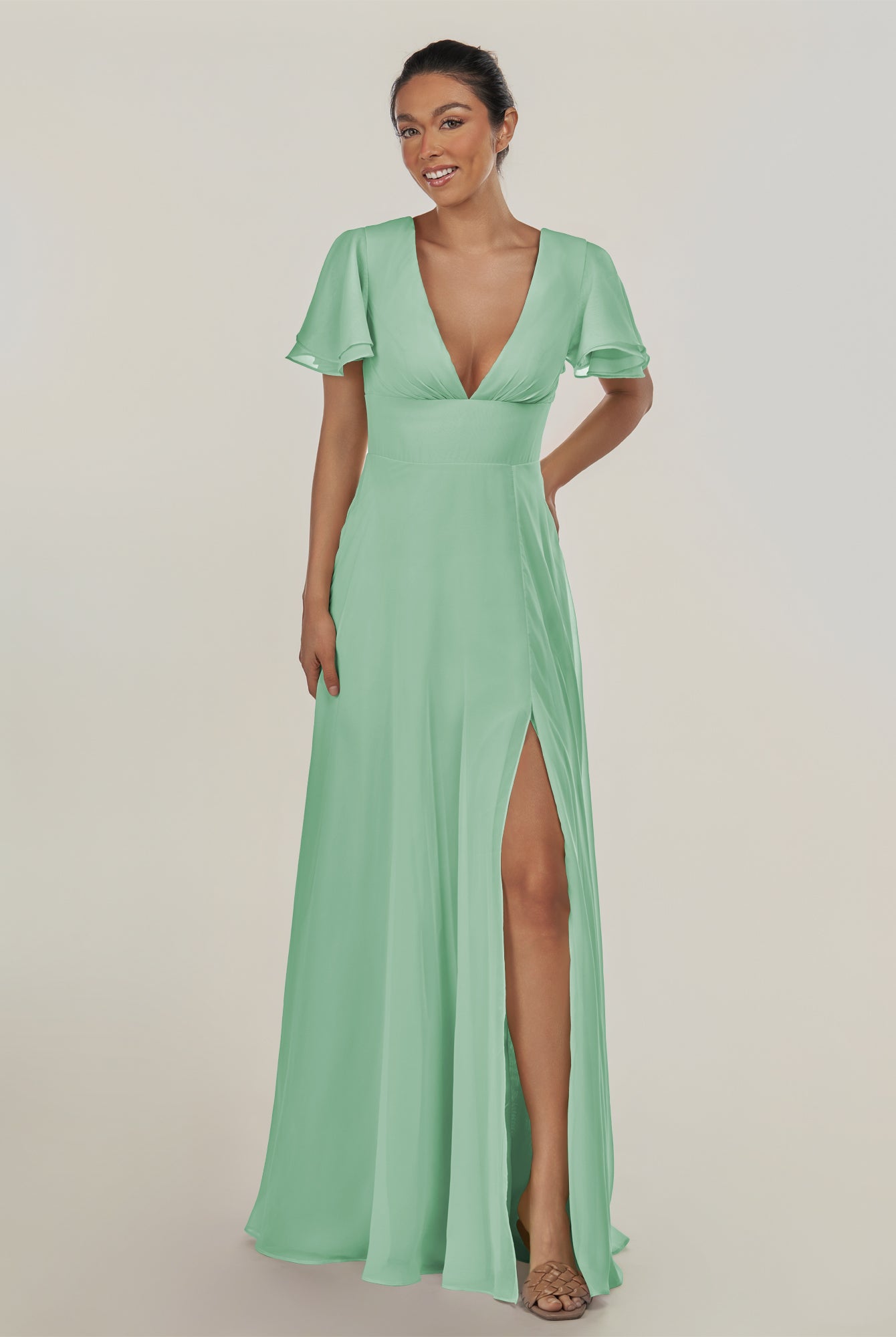 KissDress-Nira Pale Pistachio A Line Chiffon Cap Sleeves V Neck Long Bridesmaid Dress with Slit