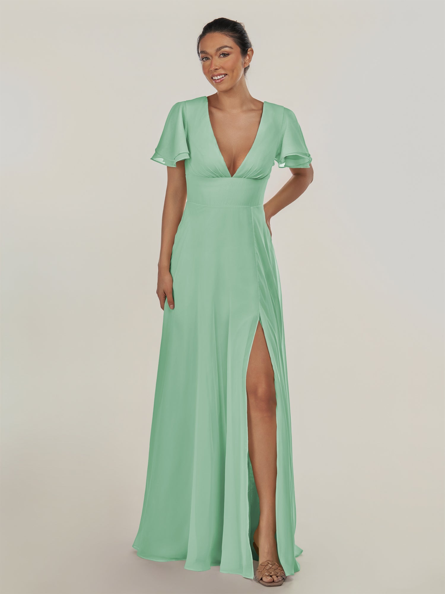 KissDress-Nira Pale Pistachio A Line Chiffon Cap Sleeves V Neck Long Bridesmaid Dress with Slit
