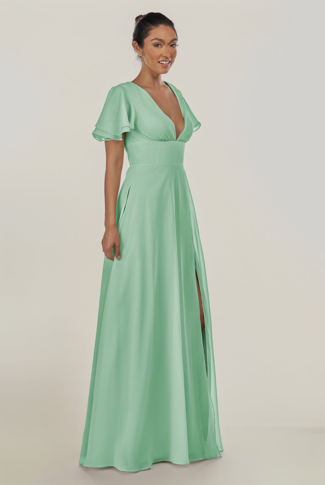 KissDress-Nira Pale Pistachio A Line Chiffon Cap Sleeves V Neck Long Bridesmaid Dress with Slit