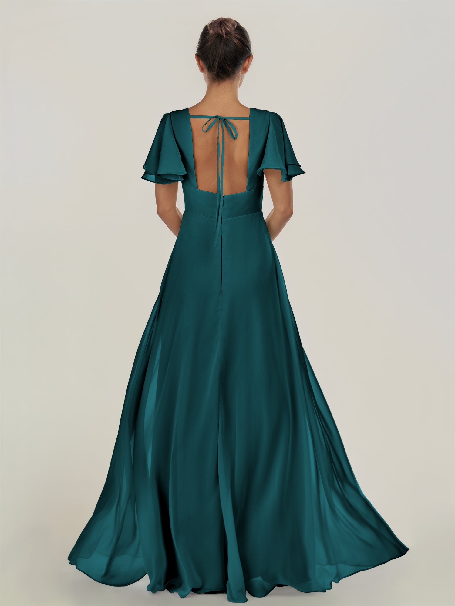 KissDress-Nira Pine A Line Chiffon Cap Sleeves V Neck Long Bridesmaid Dress with Slit