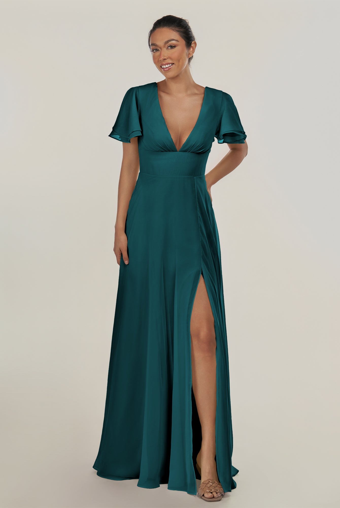 KissDress-Nira Pine A Line Chiffon Cap Sleeves V Neck Long Bridesmaid Dress with Slit