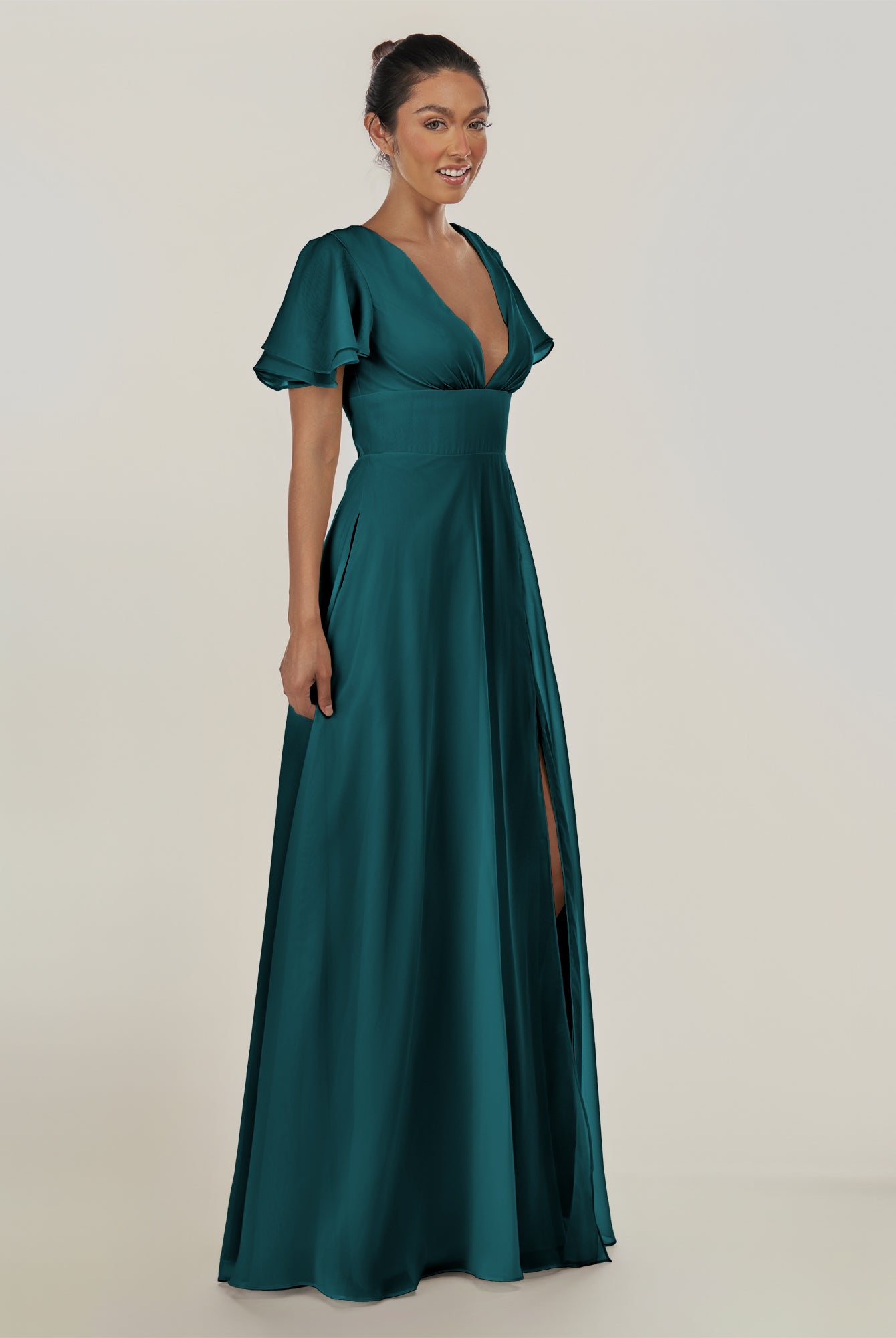 KissDress-Nira Pine A Line Chiffon Cap Sleeves V Neck Long Bridesmaid Dress with Slit
