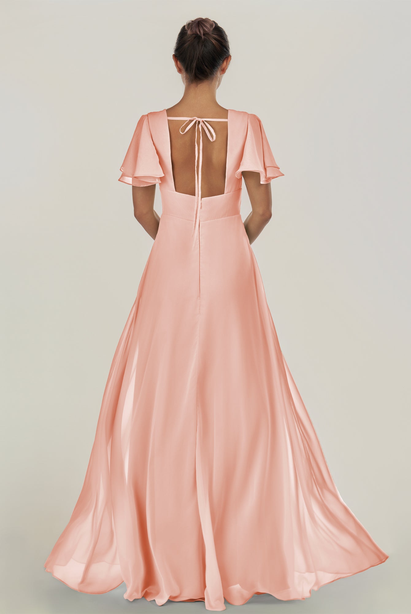 KissDress-Nira Rose Petal A Line Chiffon Cap Sleeves V Neck Long Bridesmaid Dress with Slit
